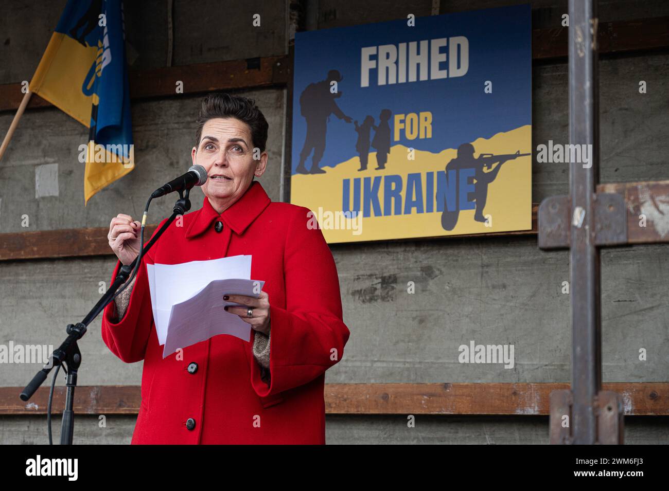 Copenhagen, Denmark, February 24, 2023. Pia Olsen Dyhr chairman of the Socialist People's party speaks in front of the Russian Embassy in Copenhagen on the second anniversary of the war. Stock Photo