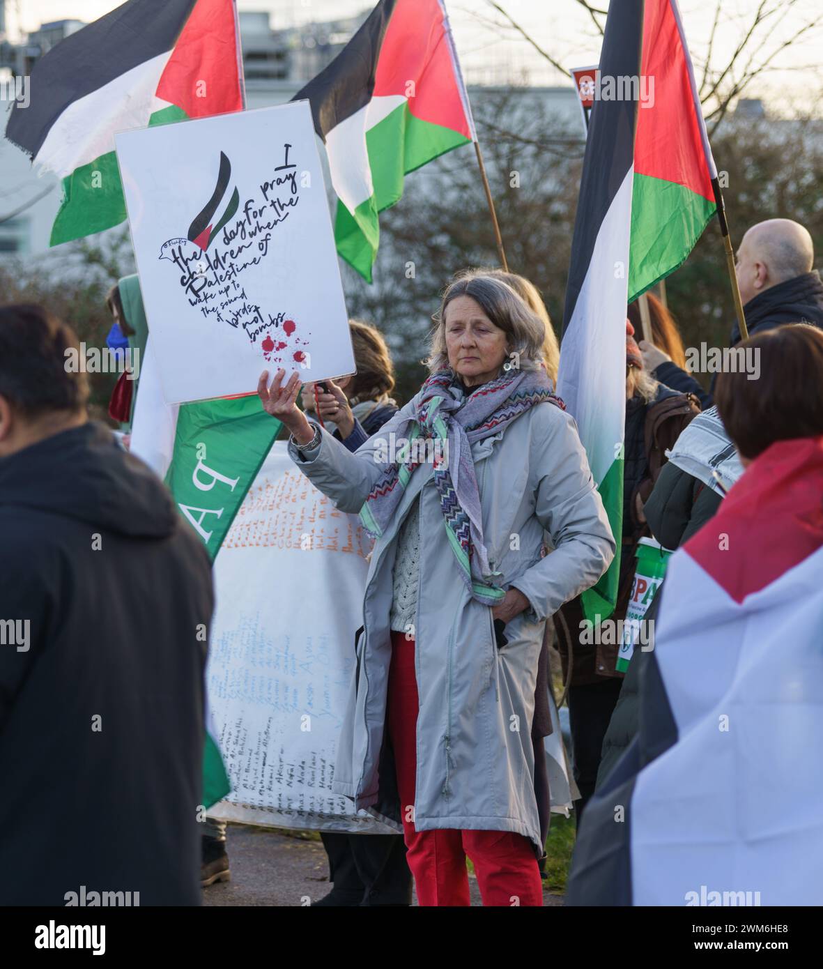 Bristol, UK Feb 24th 2024. Campaigners from Palestine Action have held a peaceful gathering outside of the Elbit Systems UK weapons factory in Bristol to protest against the manufacture of weapons used in the conflict in Gaza, and the UK government support for the war. The Israeli owned facility acts as a research, development and manufacturing hub for weapons and technology provided to the British Armed Forces and other NATO customers by the company. PICTURED: Poster- 'I pray for the day when the children of Palestine wake up to the sound of birds not bombs'. BridgetCatterall/AlamtLiveNews Stock Photo