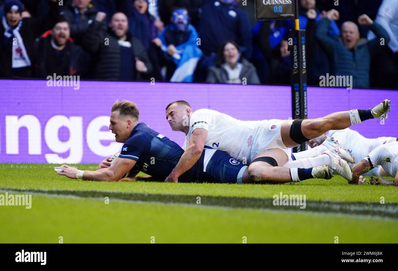 Scotland's Duhan van der Merwe scores their first try during the Guinness Six Nations match at the Scottish Gas Murrayfield Stadium, Edinburgh. Picture date: Saturday February 24, 2024. Stock Photo
