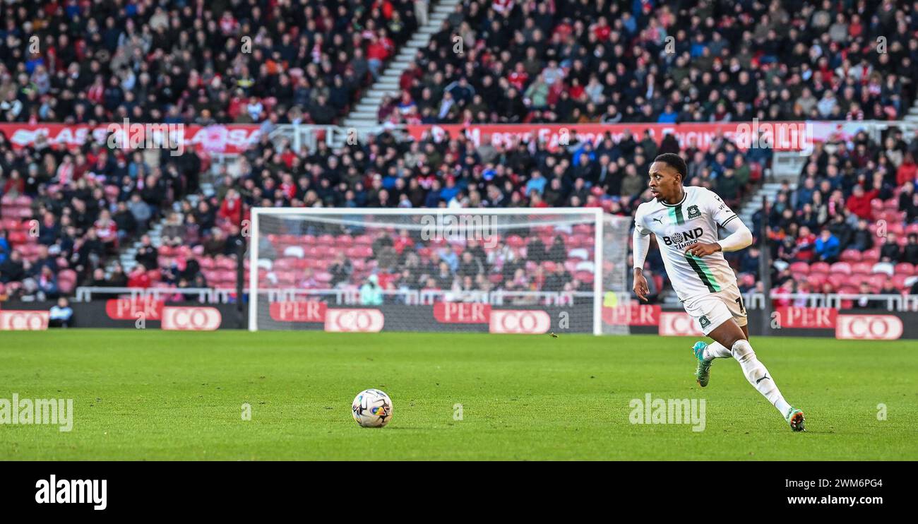 Mickel Miller of Plymouth Argyle looks for pass  during the Sky Bet Championship match Middlesbrough vs Plymouth Argyle at Riverside Stadium, Middlesbrough, United Kingdom, 24th February 2024  (Photo by Stan Kasala/News Images) Stock Photo