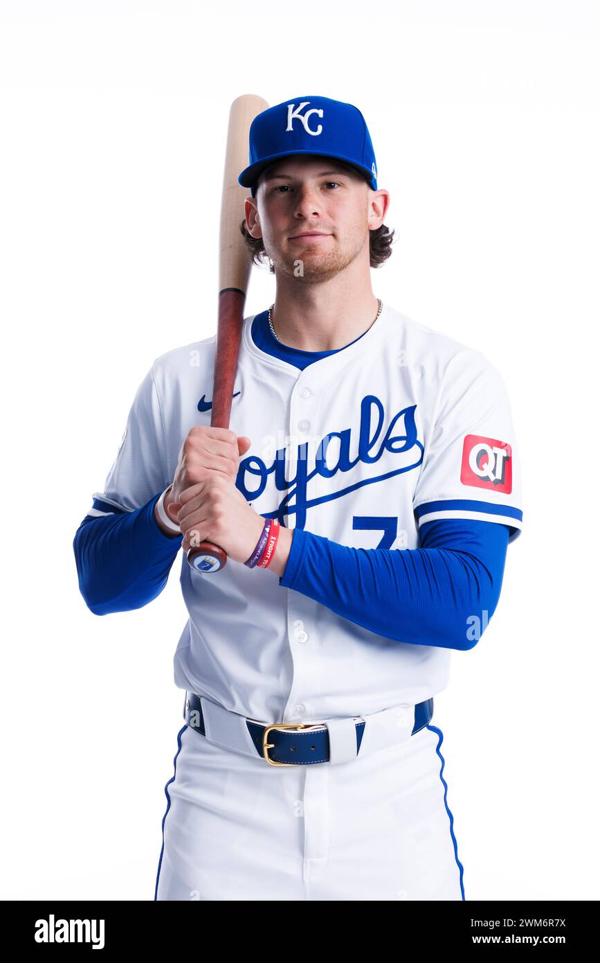 SURPRISE, AZ - FEBRUARY 22: Infielder Bobby Witt Jr. (7) poses for a  portrait during Kansas City Royals photo day on February 22, 2024 at  Surprise Stadium in Surprise, AZ. (Photo by