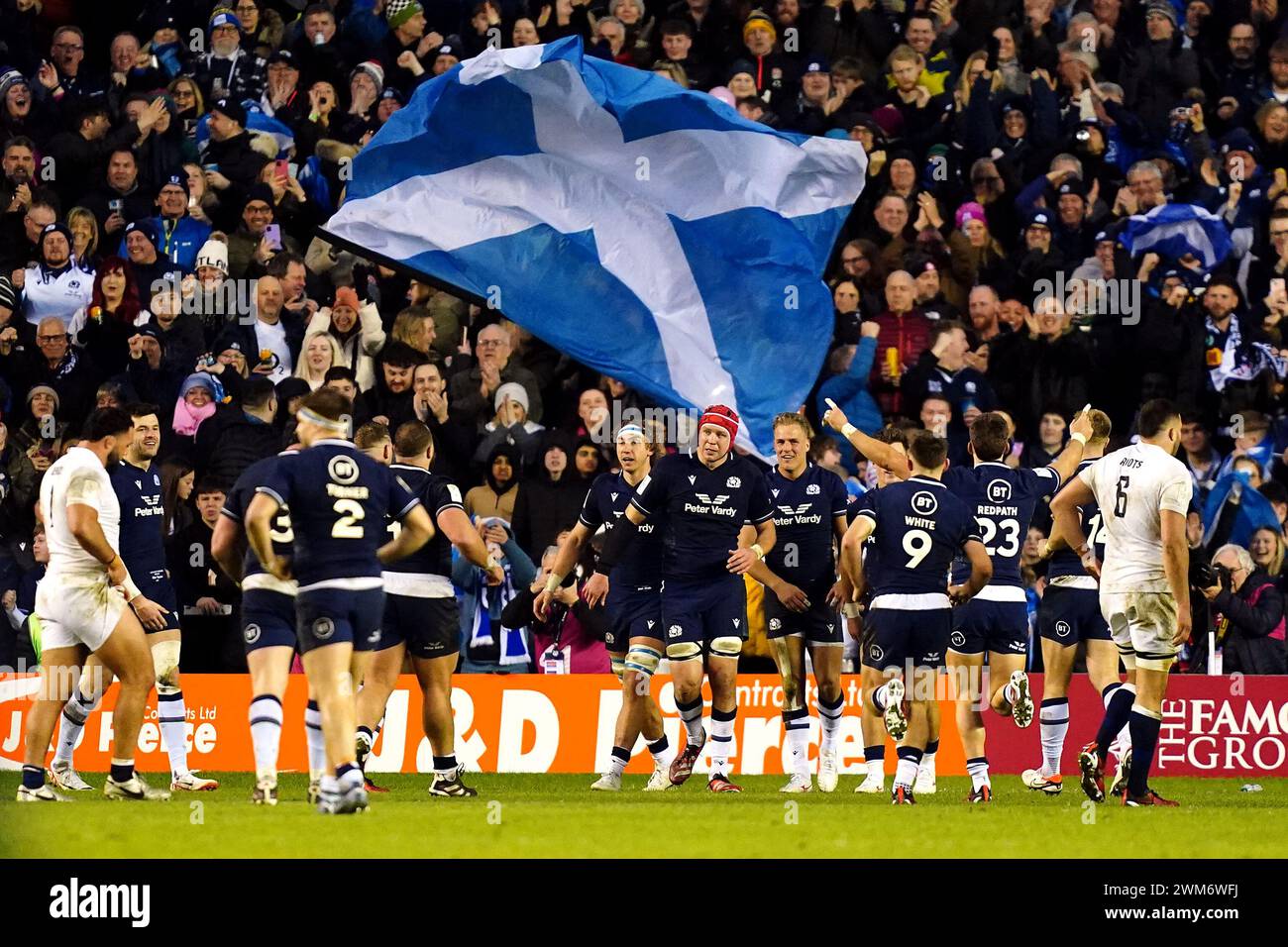Scotland's Duhan van der Merwe celebrates scoring his third try to complete his hat-trick during the Guinness Six Nations match at the Scottish Gas Murrayfield Stadium, Edinburgh. Picture date: Saturday February 24, 2024. Stock Photo