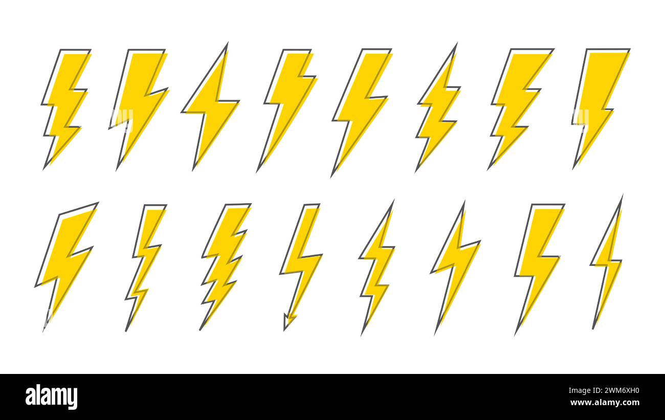 Lightning icons vector set. Thunder and Bolt. Flash icon. Lightning bolt yellow silhouette with