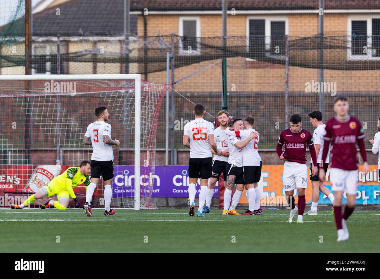 Stenhousemuir, Scotland. 24 February 2024.  Jordan Alan (10 - Clyde) celebrates his goal    Credit: Raymond Davies / Alamy Live News Stock Photo