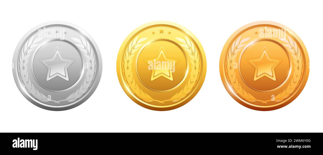 Vector medals logo collection. Set of shiny round awards in gold