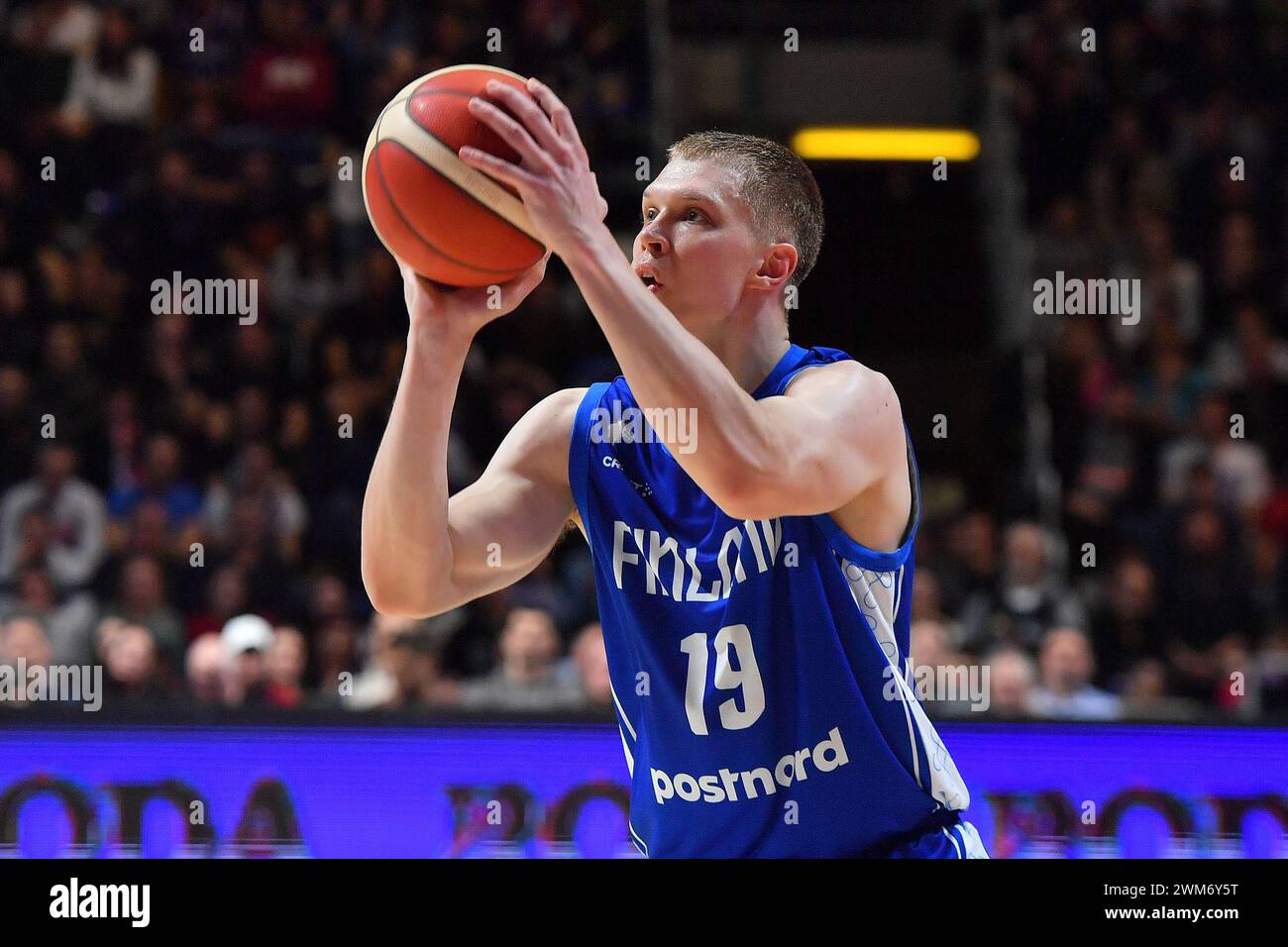 Belgrade, Serbia, 23 February, 2023. Elias Valtonen of Finland shoots for three points during the EuroBasket 2025 Qualifiers match between Serbia and Finland at Aleksandar Nikolic in Belgrade, Serbia. February 23, 2023. Credit: Nikola Krstic/Alamy Stock Photo