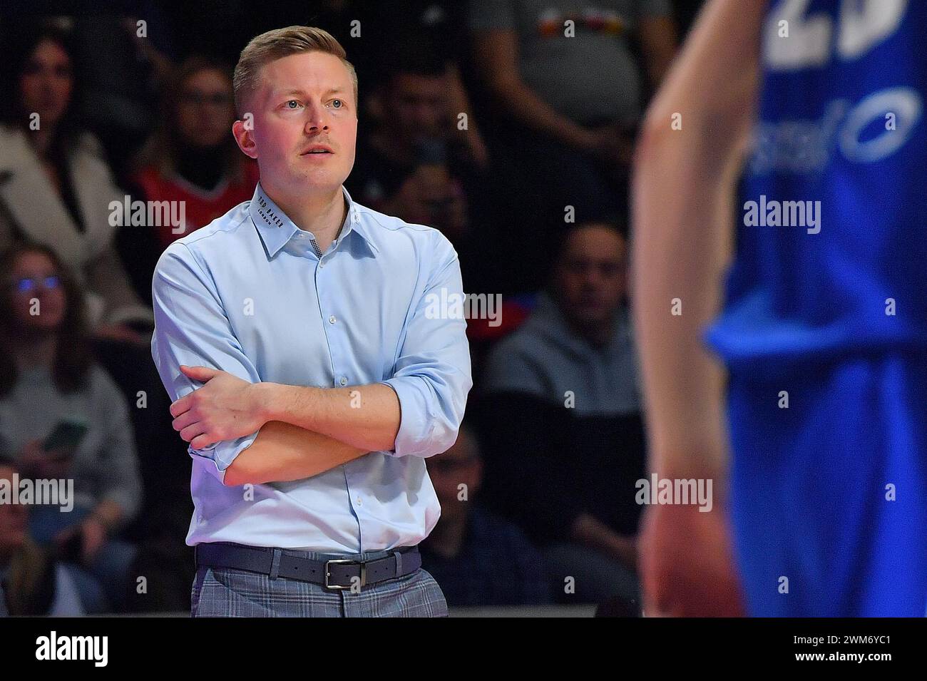 Belgrade, Serbia, 23 February, 2023. Head Coach Lassi Trove of Finland reacts during the EuroBasket 2025 Qualifiers match between Serbia and Finland at Aleksandar Nikolic in Belgrade, Serbia. February 23, 2023. Credit: Nikola Krstic/Alamy Stock Photo