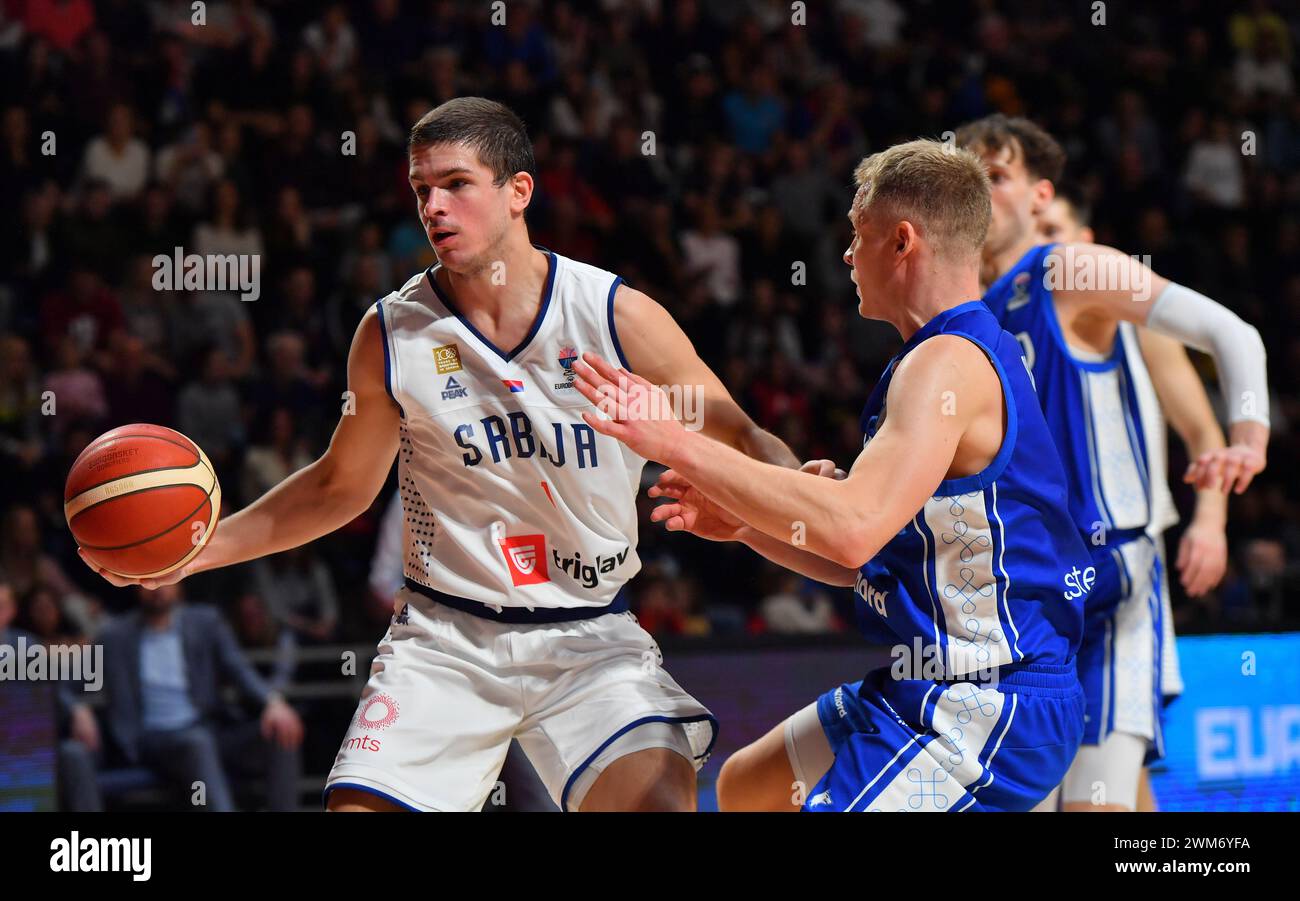 Belgrade, Serbia, 23 February, 2023. Nikola Djurisic of Serbia in action during the EuroBasket 2025 Qualifiers match between Serbia and Finland at Aleksandar Nikolic in Belgrade, Serbia. February 23, 2023. Credit: Nikola Krstic/Alamy Stock Photo