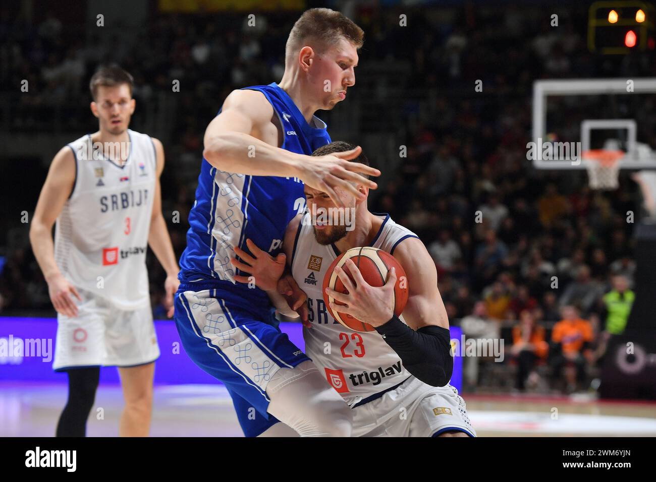 Belgrade, Serbia, 23 February, 2023. Marko Guduric of Serbia competes against Alexander Madsen of Finland during the EuroBasket 2025 Qualifiers match between Serbia and Finland at Aleksandar Nikolic in Belgrade, Serbia. February 23, 2023. Credit: Nikola Krstic/Alamy Stock Photo