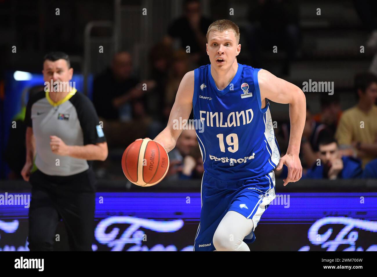 Belgrade, Serbia, 23 February, 2023. Elias Valtonen of Finland in action during the EuroBasket 2025 Qualifiers match between Serbia and Finland at Aleksandar Nikolic in Belgrade, Serbia. February 23, 2023. Credit: Nikola Krstic/Alamy Stock Photo