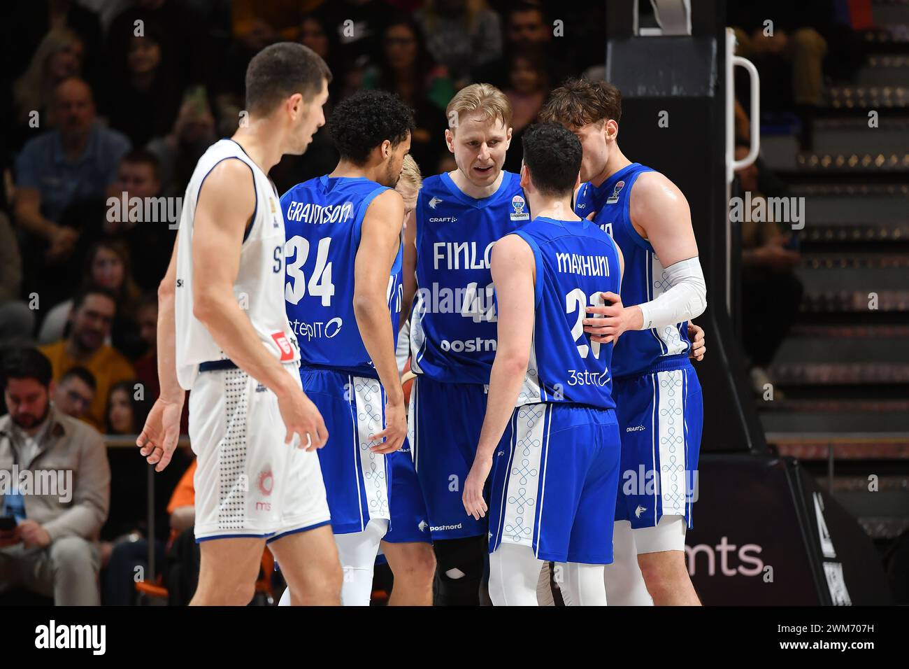 Belgrade, Serbia, 23 February, 2023. Daniel Dolenc of Finland speaks to his teammates during the EuroBasket 2025 Qualifiers match between Serbia and Finland at Aleksandar Nikolic in Belgrade, Serbia. February 23, 2023. Credit: Nikola Krstic/Alamy Stock Photo