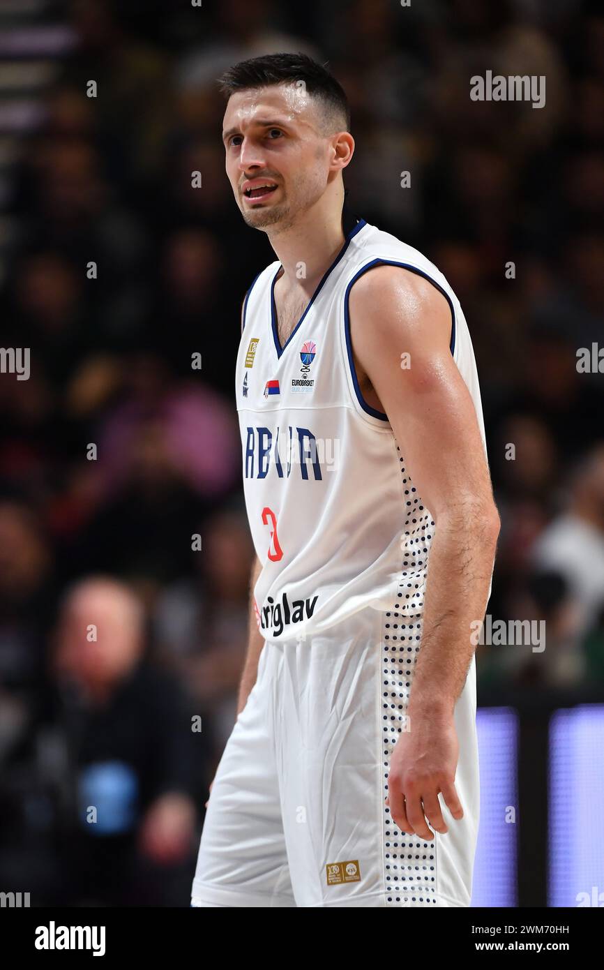 Belgrade, Serbia, 23 February, 2023. Aleksa Avramovic of Serbia reacts during the EuroBasket 2025 Qualifiers match between Serbia and Finland at Aleksandar Nikolic in Belgrade, Serbia. February 23, 2023. Credit: Nikola Krstic/Alamy Stock Photo