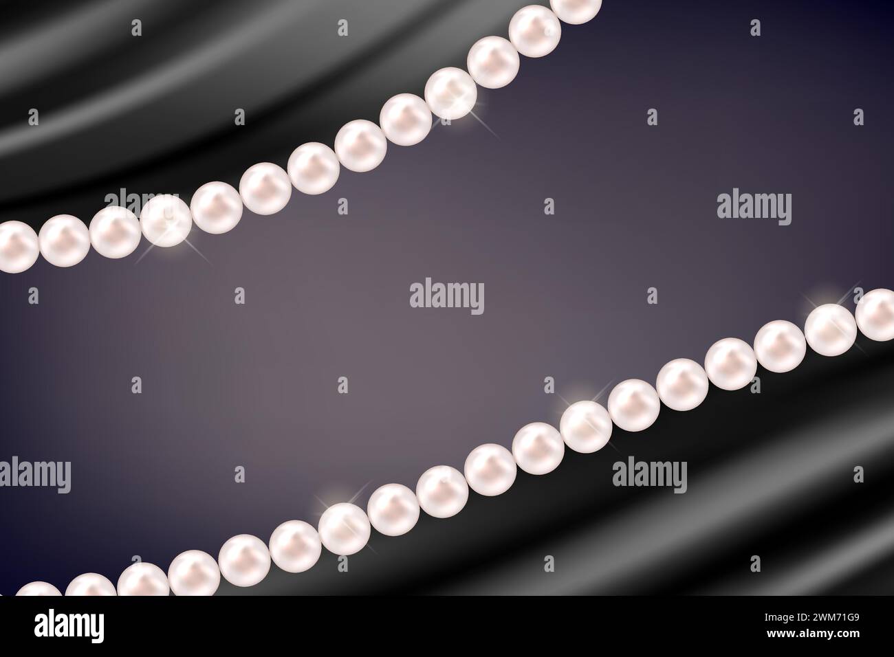 Luxury black silk background with pearl necklace. Satin or velvet with frame of shiny oyster