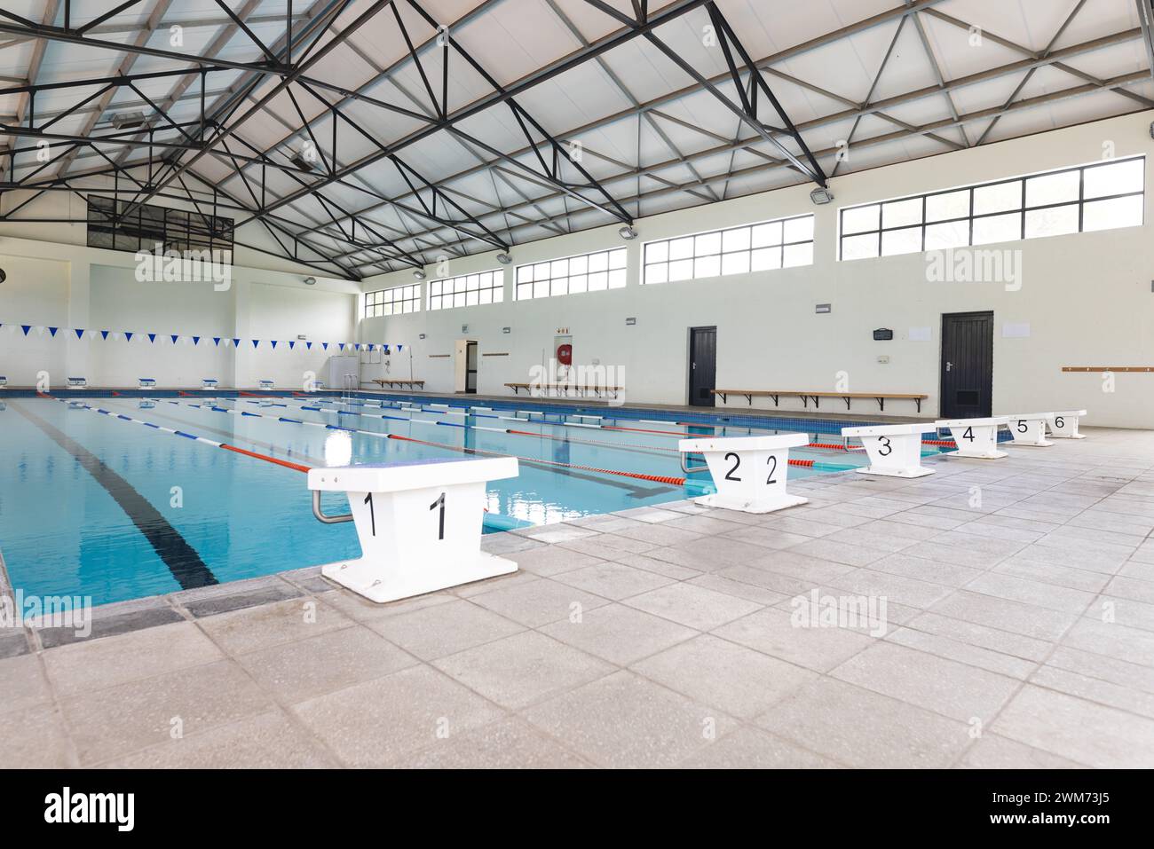 Indoor swimming pool ready for competition, with copy space Stock Photo