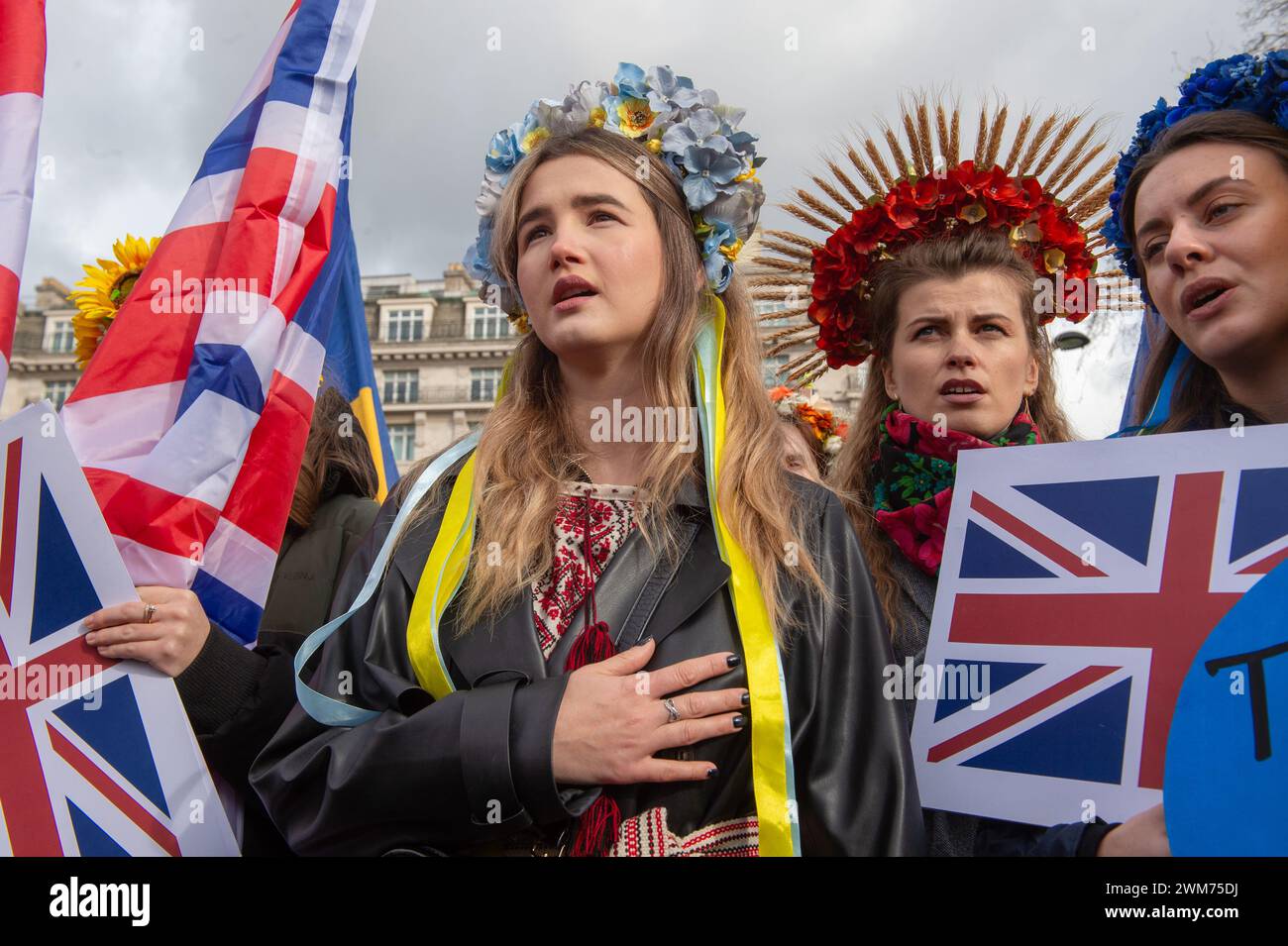 London, England, UK. 24th Feb, 2024. Participants, wearing Ukrainian