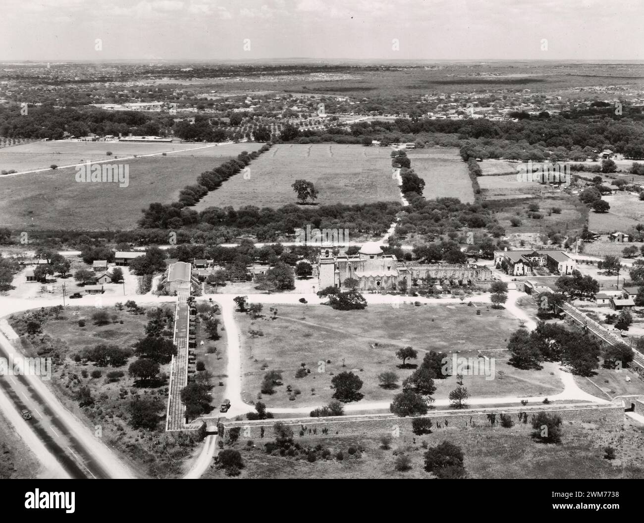 Aerial view of Mission San Jose, San Antonio, Texas, September 1938 Stock Photo