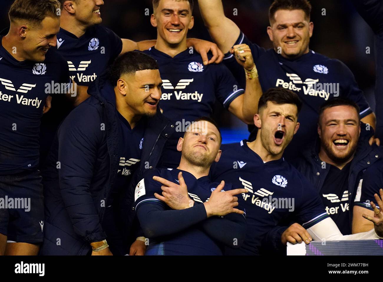 Scotland's Finn Russell celebrates with team-mates after the Guinness Six Nations match at the Scottish Gas Murrayfield Stadium, Edinburgh. Picture date: Saturday February 24, 2024. Stock Photo