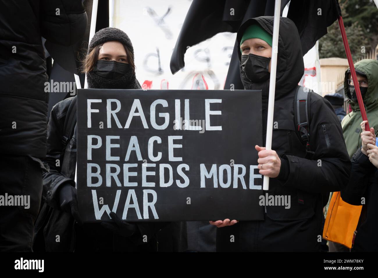 Tbilisi, Georgia. 24th Feb, 2024. Russian dissidents hold a protest in front of the Russian embassy in Tbilisi, Georgia, to mark the 2 year anniversary of the further invasion of Ukraine. Credit: Diego Montoya/Alamy Live News Stock Photo