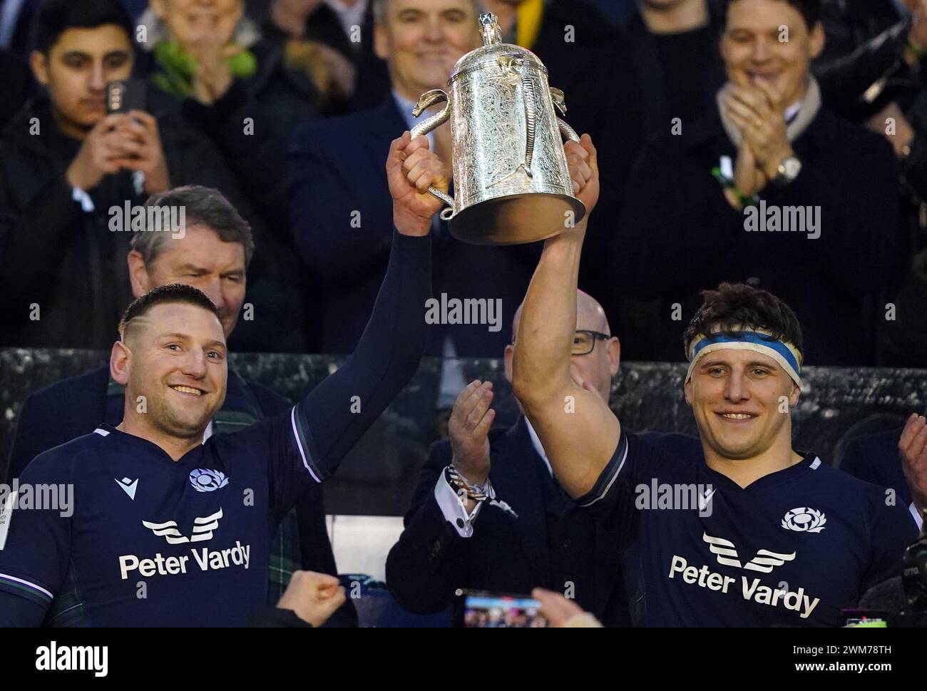 Scotland's Finn Russell (left) and Rory Darge lift the Calcutta Cup after victory in the Guinness Six Nations match at the Scottish Gas Murrayfield Stadium, Edinburgh. Picture date: Saturday February 24, 2024. Stock Photo