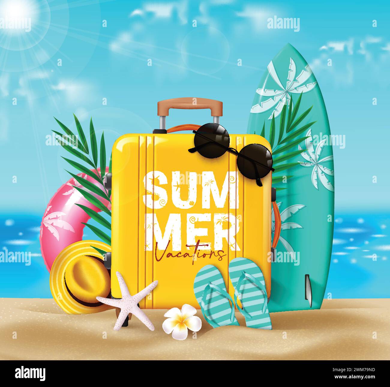 Summer travel luggage vector design. Summer vacation text in yellow suitcase with surfboard, floaters, flipflop and leaf elements in beach seaside Stock Vector