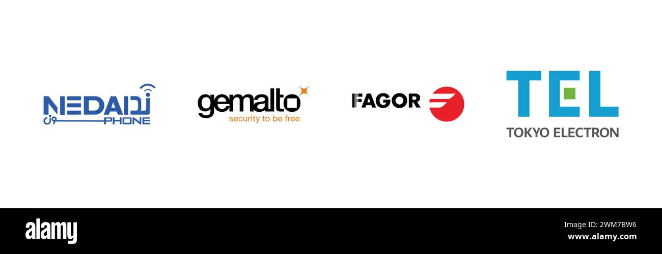 Fagor, Gemalto, Tokyo Electron, Nedaphone,Popular brand logo collection. Stock Vector