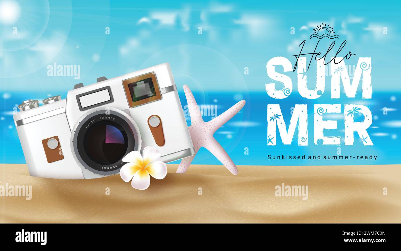 Summer hello greeting vector banner. Hello summer greeting text with camera travel elements in beach seaside background for tropical season vacation Stock Vector