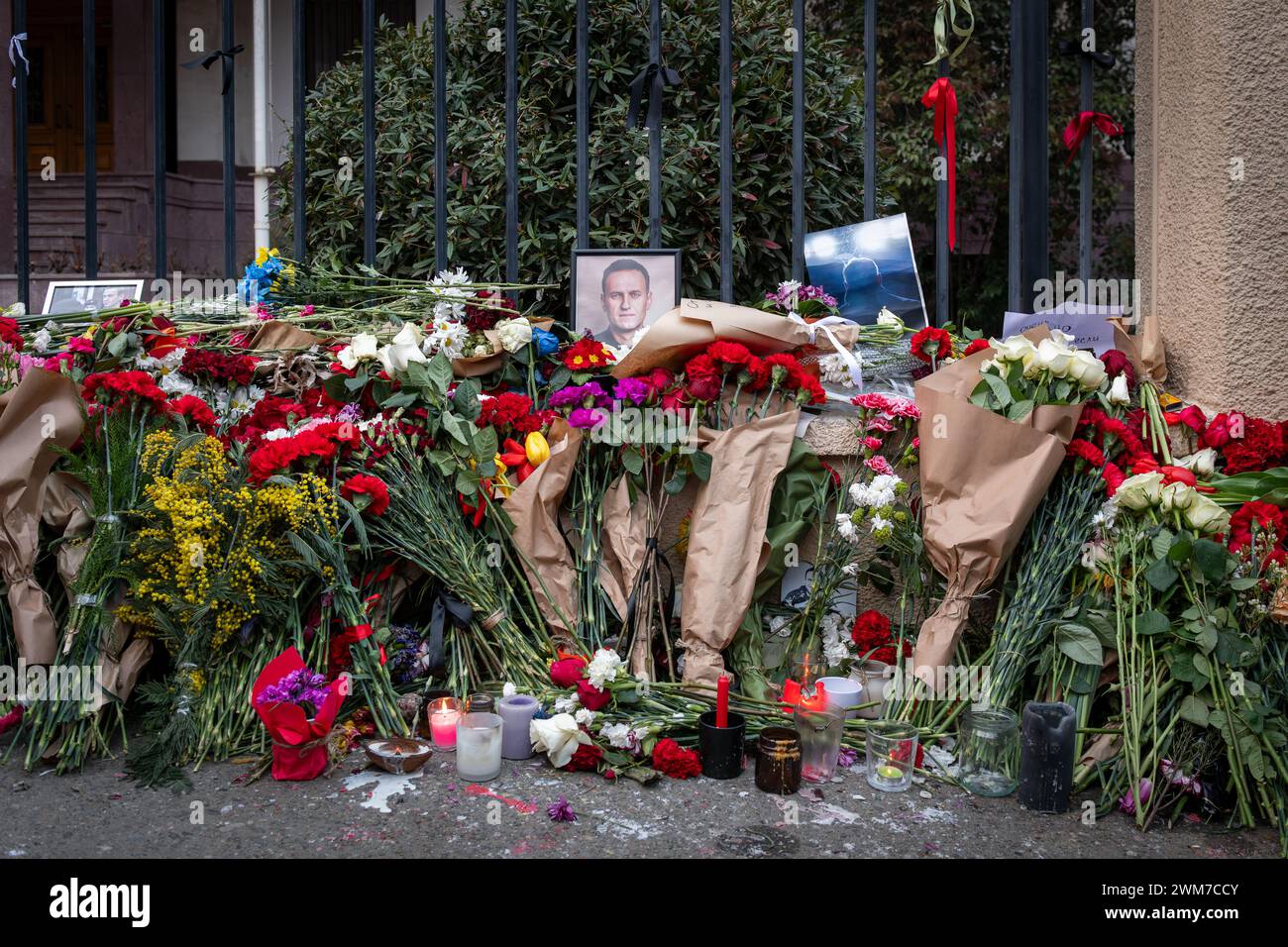 Tbilisi, Georgia. 24th Feb, 2024. Russian dissidents hold a protest in front of the Russian embassy in Tbilisi, Georgia, to mark the 2 year anniversary of the further invasion of Ukraine. Credit: Diego Montoya/Alamy Live News Stock Photo