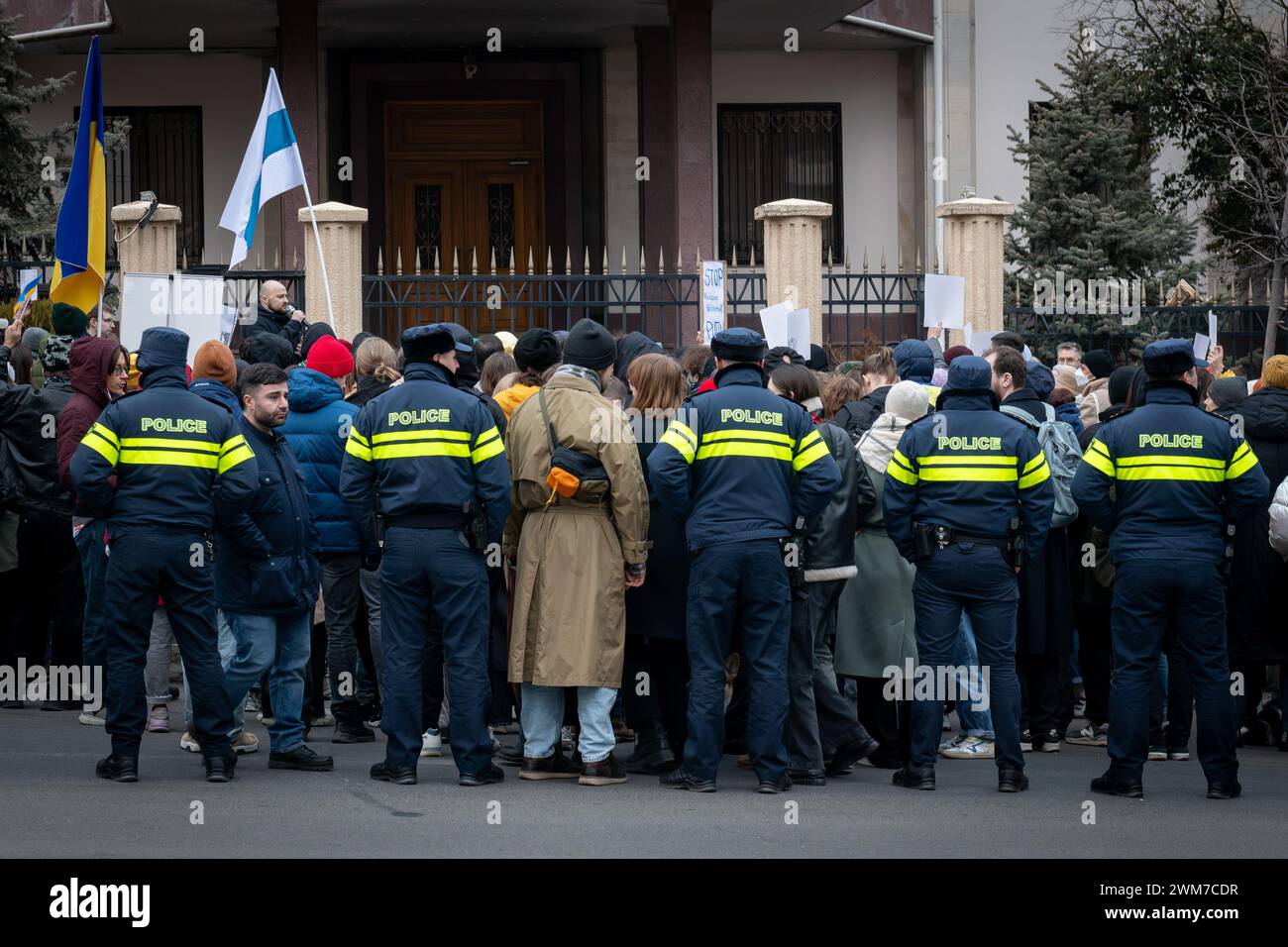 Tbilisi, Georgia. 24th Feb, 2024. Russian dissidents hold a protest in front of the Russian embassy in Tbilisi, Georgia, to mark the 2 year anniversary of the further invasion of Ukraine. Credit: Diego Montoya/Alamy Live News Stock Photo