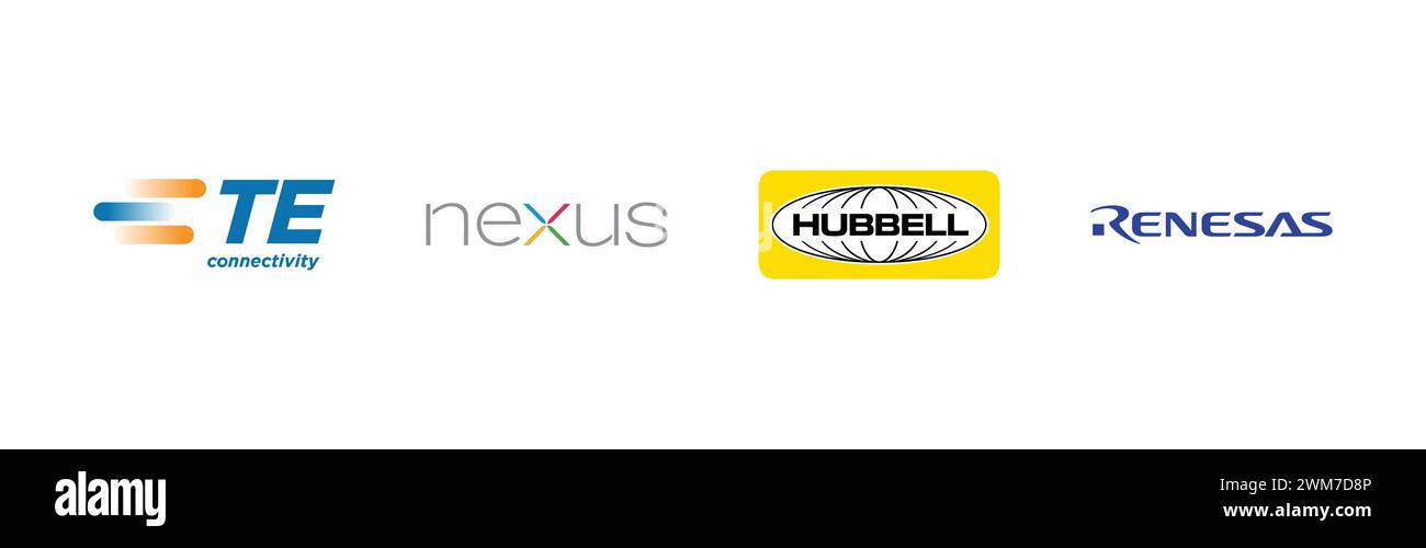 Renesas Electronics, Nexus, Hubbell, TE Connectivity,Popular brand logo collection. Stock Vector