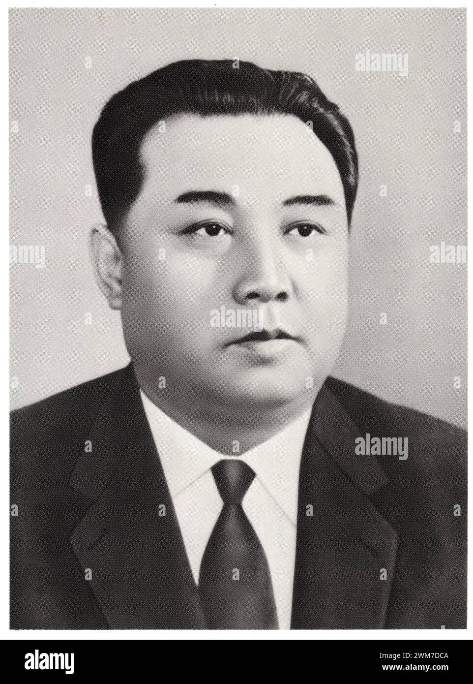 Portrait of Kim Il Sung (Kim Ir Sen) from propaganda print by Korean Workers’ Party Publishing House, 1975. Kim was a North Korean politician and the founder of North Korea, which he led as Supreme Leader from the country's establishment in 1948 until his death in 1994. Afterwards, he was declared eternal president. Stock Photo