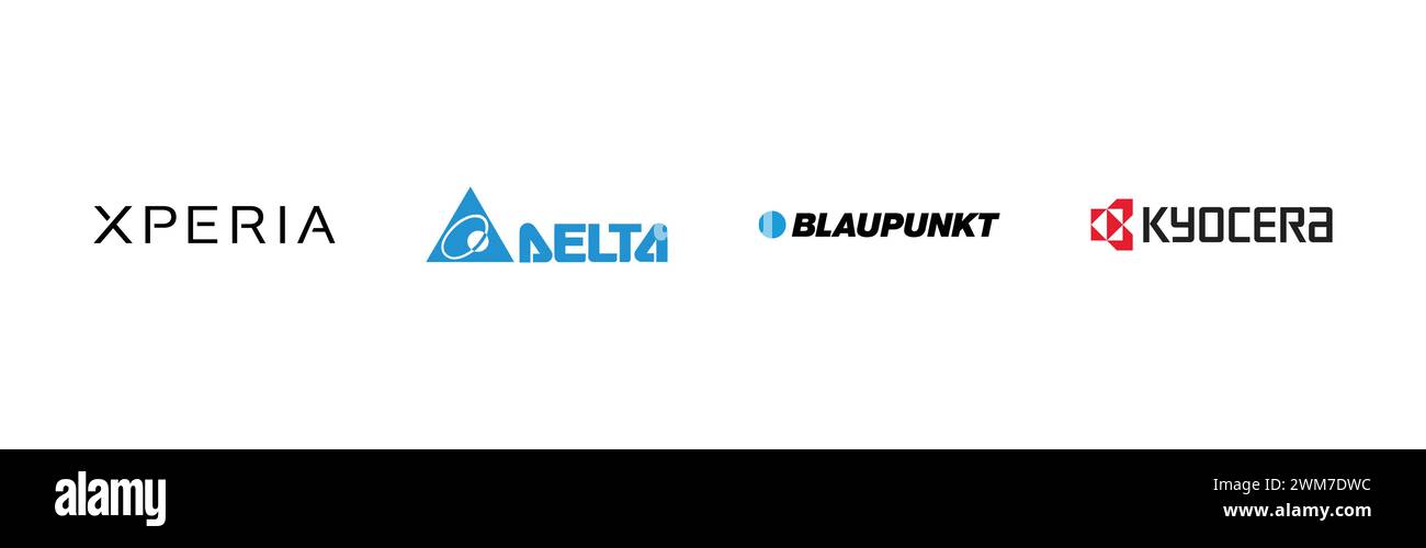 Kyocera, Blaupunkt, Xperia, Delta Electronics,Popular brand logo collection. Stock Vector