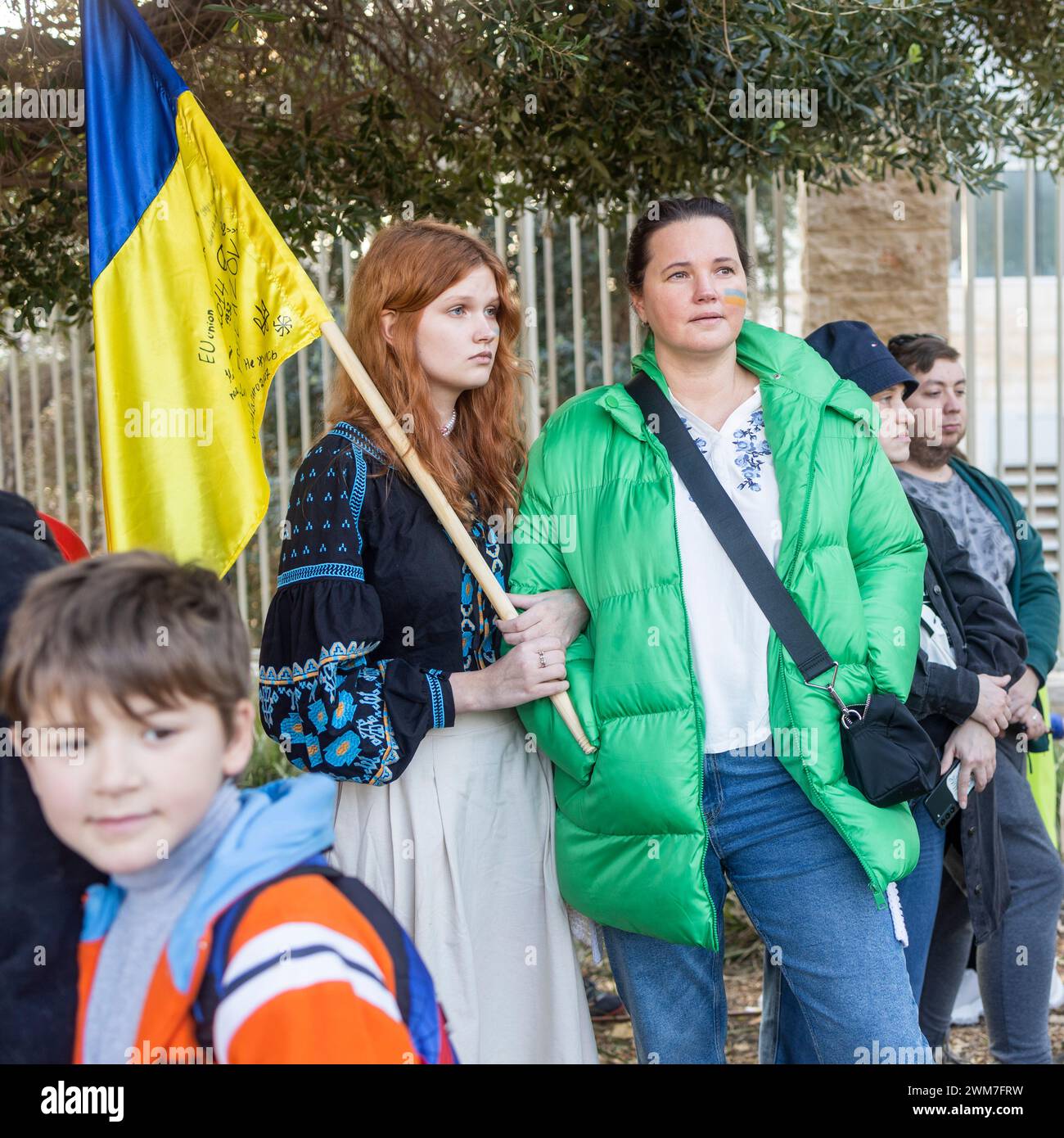 Haifa, Israel - 23 February 2024, the anniversary of the start of the war between Russia and Ukraine. Two women with flags. Stock Photo