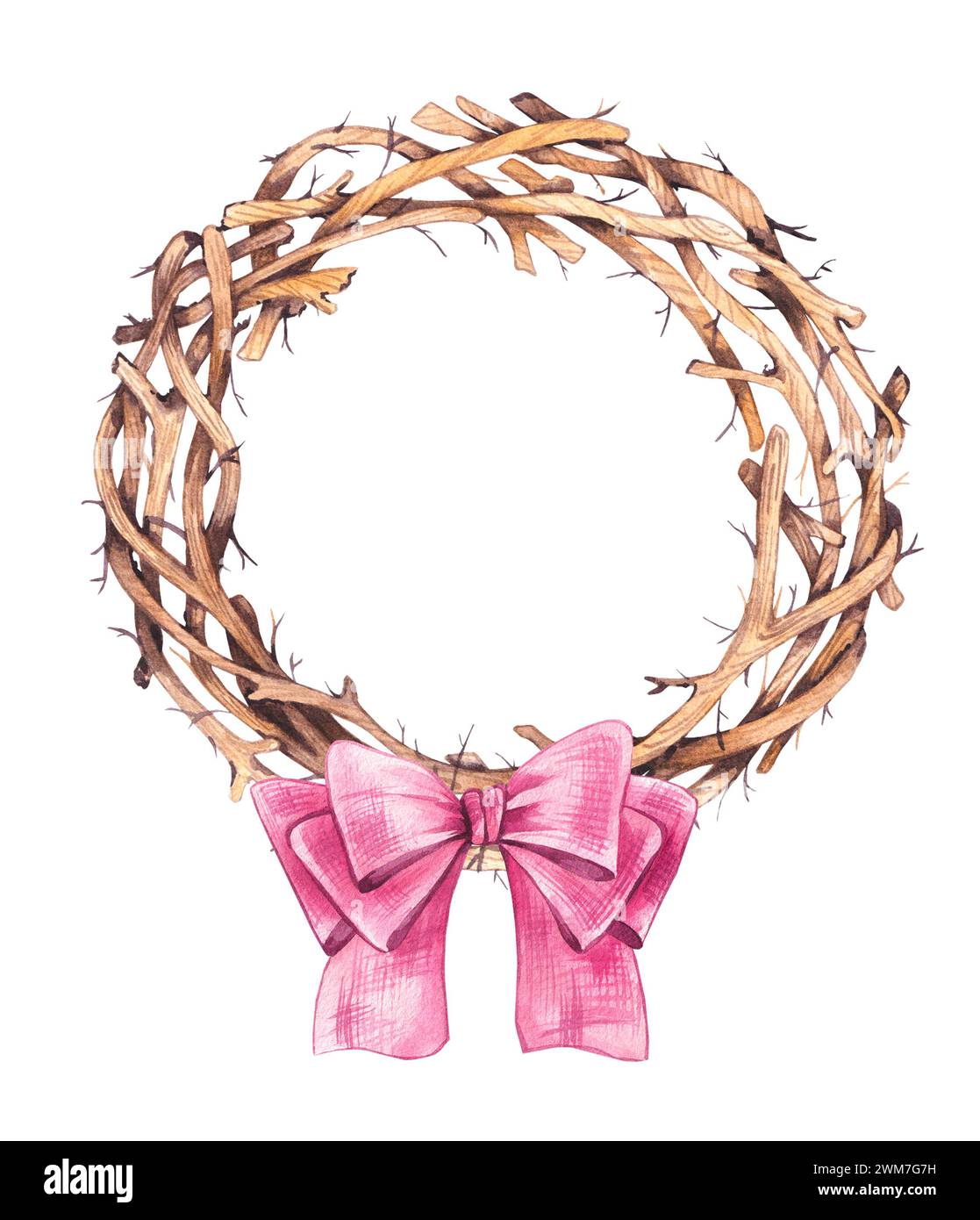 Watercolor wreath with bow on a white background. Wreath made of dry ...
