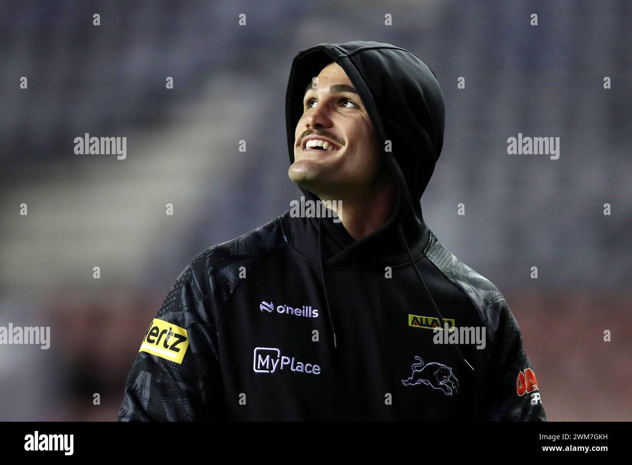 Penrith Panthers' Nathan Cleary inspects the pitch ahead of the Betfred World Club Challenge match at the DW Stadium, Wigan. Picture date: Saturday February 24, 2024. Stock Photo