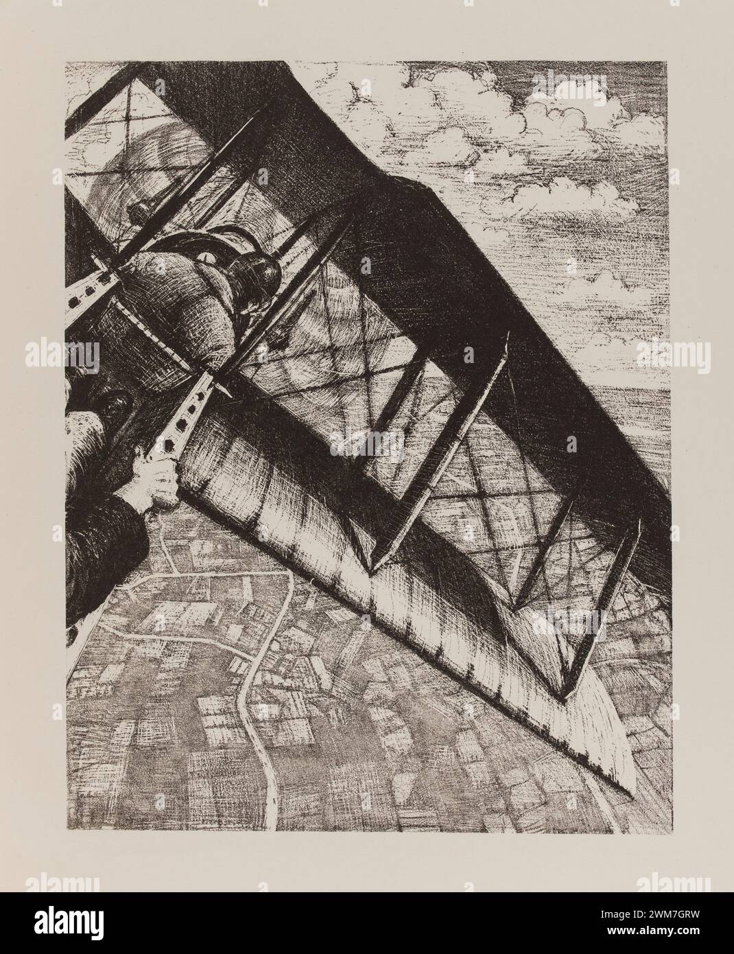 One mile above ground, from The Great War: Britain's Efforts and Ideals: Making Aircraft.  Print lithograph by C.R.W. (Christopher Richard Wynne) Nevinson., 1916 Stock Photo