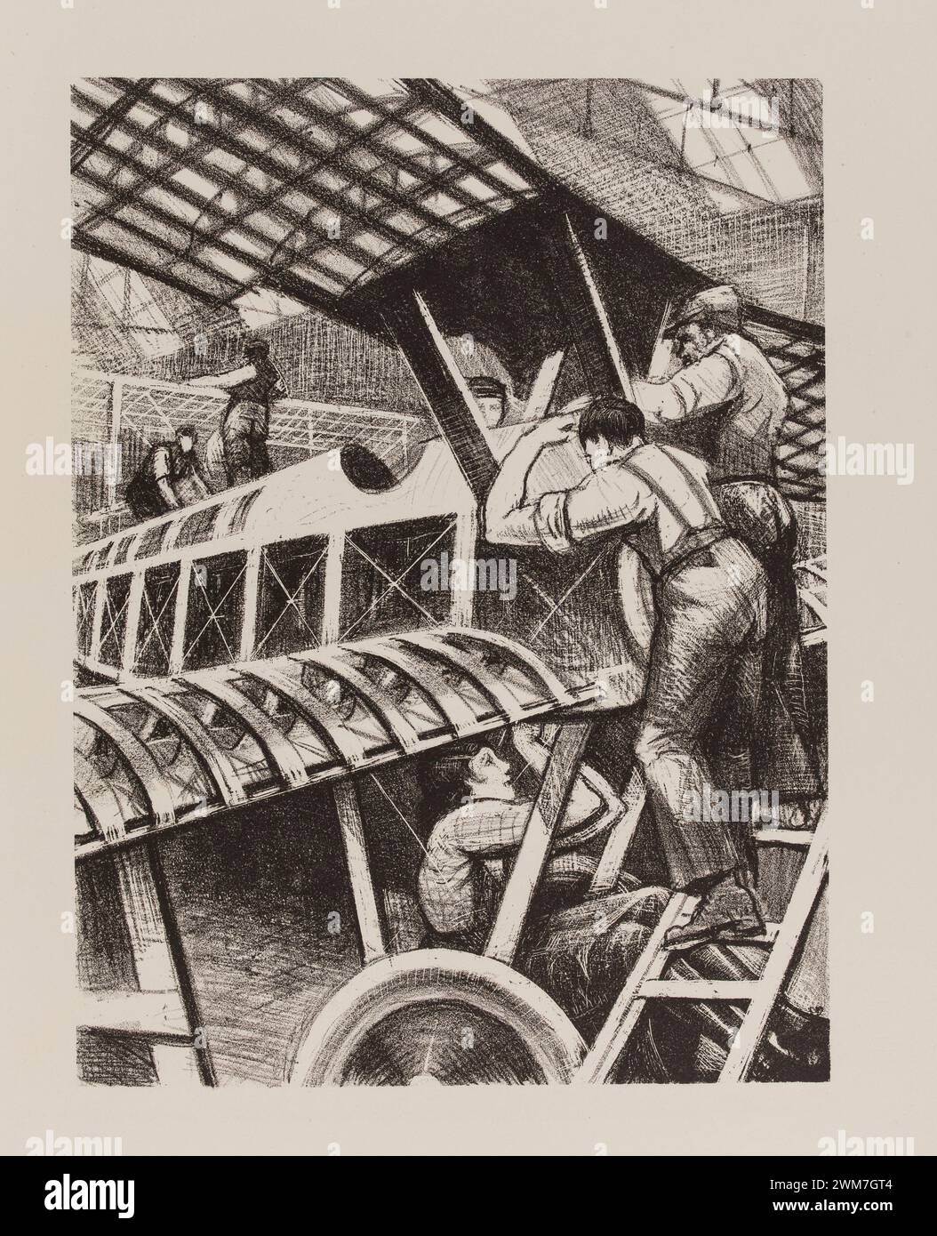 Plane assembly, from The Great War: Britain's Efforts and Ideals: Making Aircraft.  Print lithograph by C.R.W. (Christopher Richard Wynne) Nevinson., 1916 Stock Photo