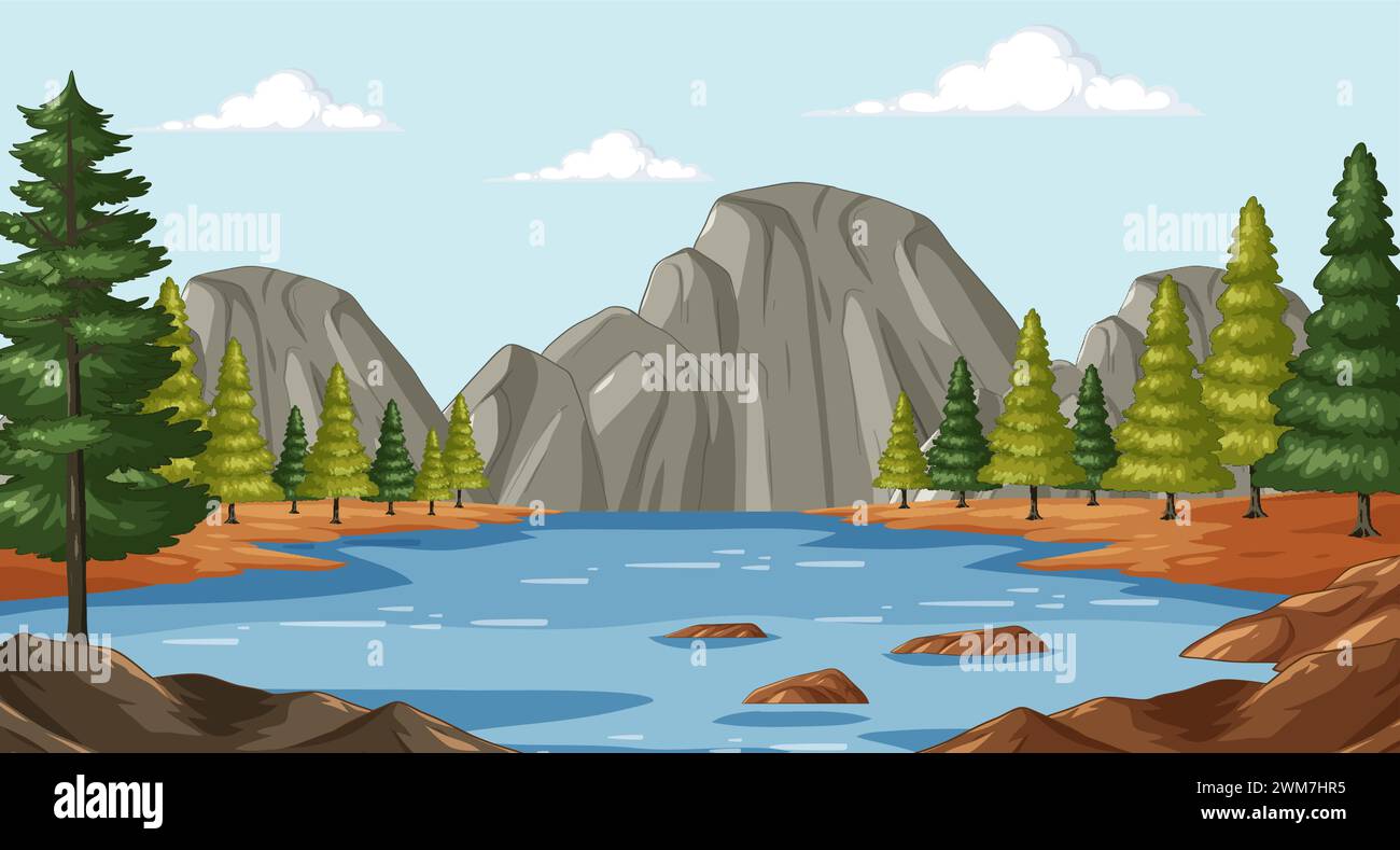 Vector illustration of a tranquil mountain lake scene Stock Vector ...