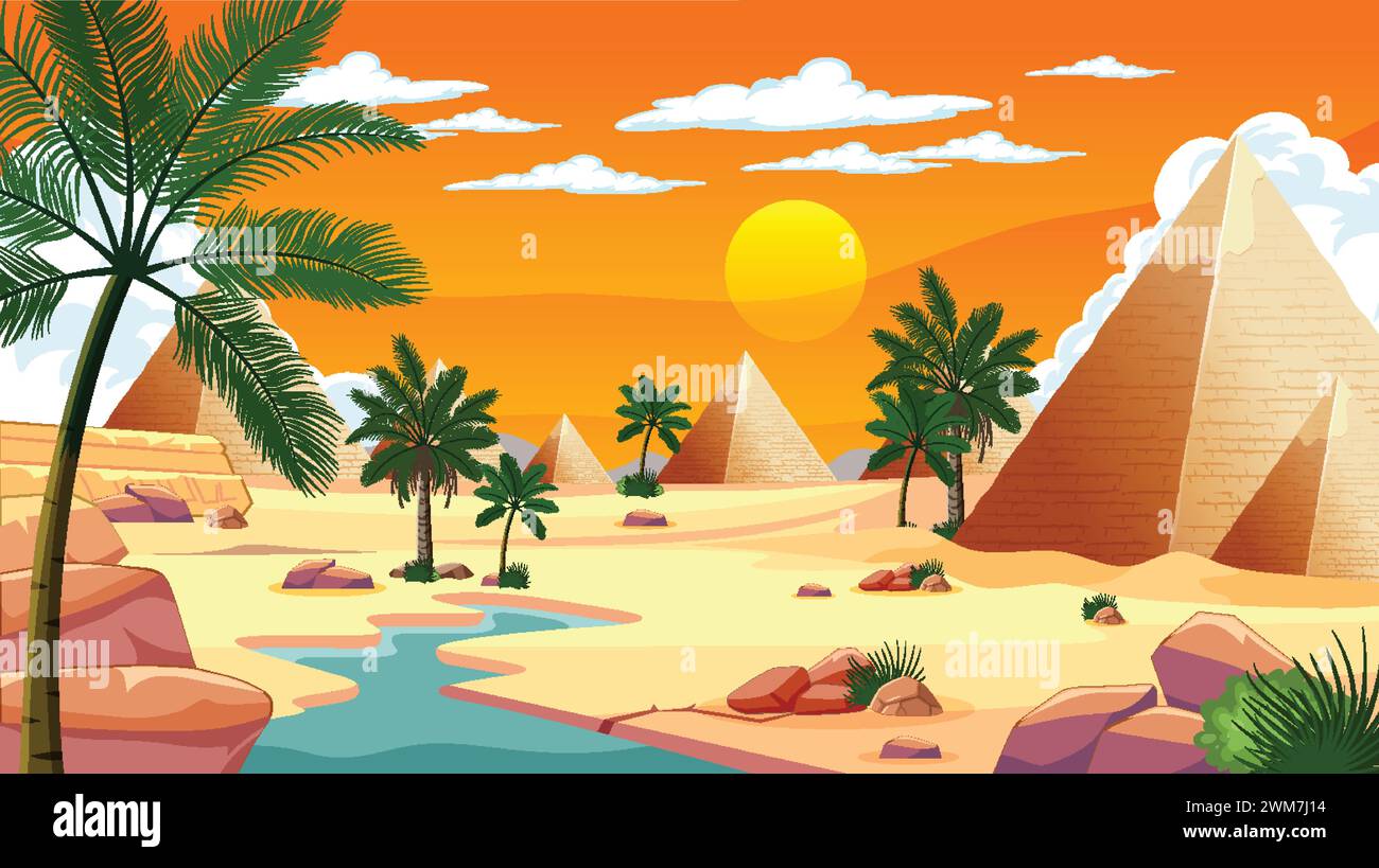 Pyramid Backgrounds Vector Vector illustration of pyramids and palm trees at sunset Stock Vector ...