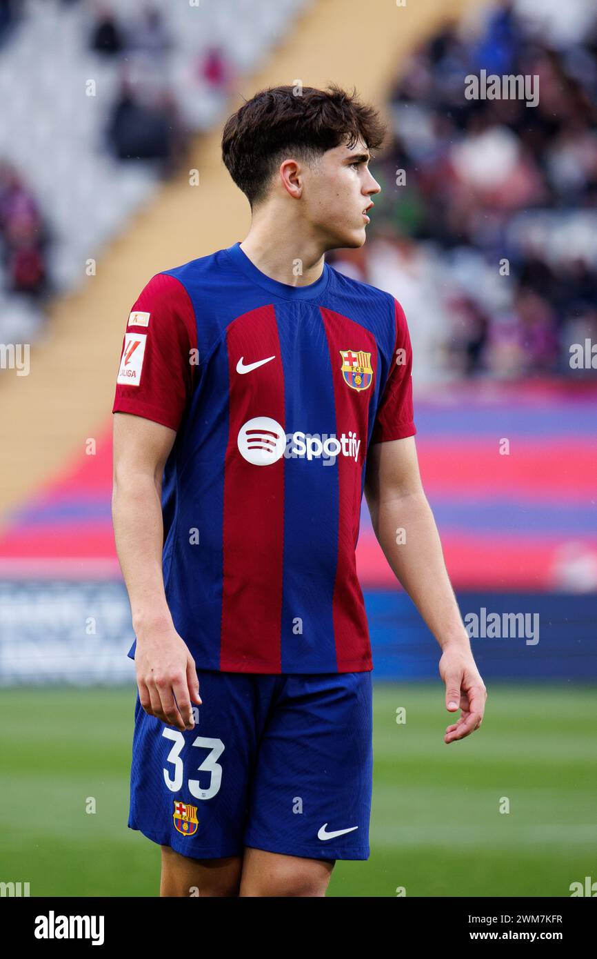 Barcelona, Spain. 24th Feb, 2024. Cubarsi in action during the LaLiga EA Sports match between FC Barcelona and Getafe CF at the Estadi Olimpic Lluis Companys in Barcelona, Spain. Credit: Christian Bertrand/Alamy Live News Stock Photo