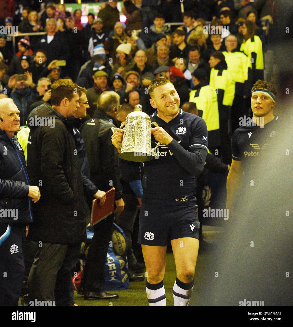 Scottish Gas Murrayfield Stadium. Edinburgh, UK. 24th Feb, 2024. UK.The Mens Guinness Six Nations match Scotland vs England Scotland Co- Captain Finn Russell celebrates with the Calcutta Cup . Credit: eric mccowat/Alamy Live News Stock Photo