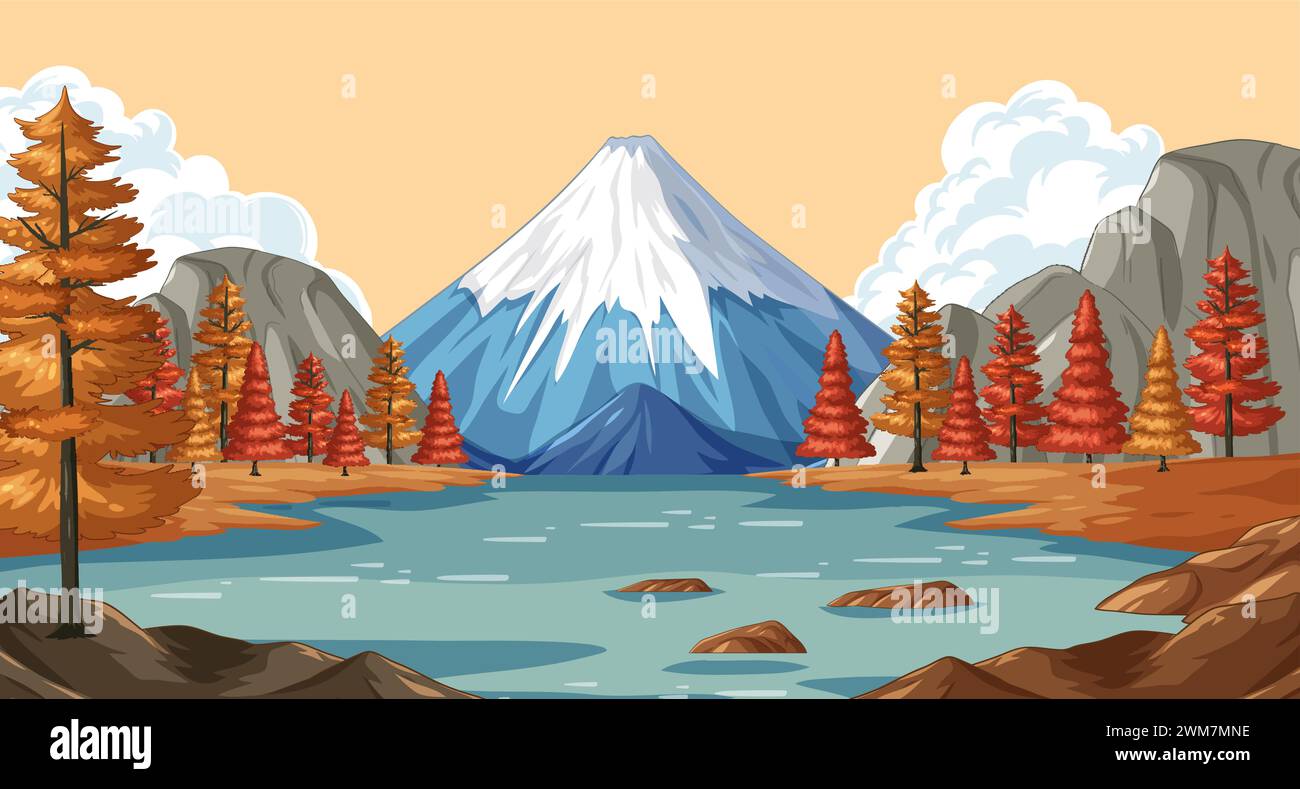 Vector illustration of a tranquil mountain and lake scene Stock Vector ...