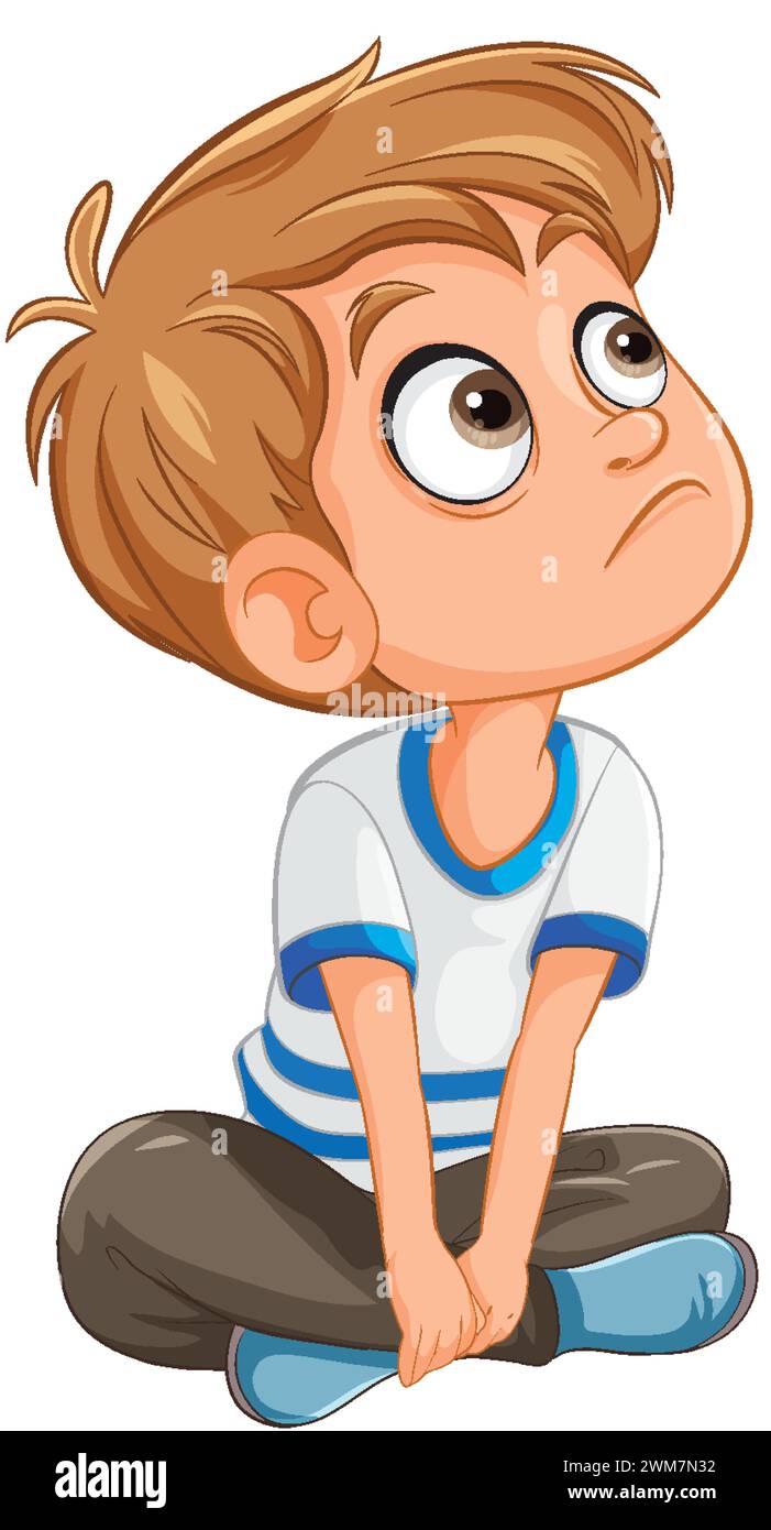 Cartoon of a thoughtful boy sitting cross-legged Stock Vector Image ...