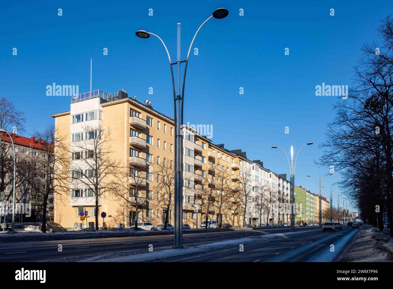 Huopalahdentie residential buildings and art deco lamp posts in Munkkiniemi district of Helsinki, Finland Stock Photo