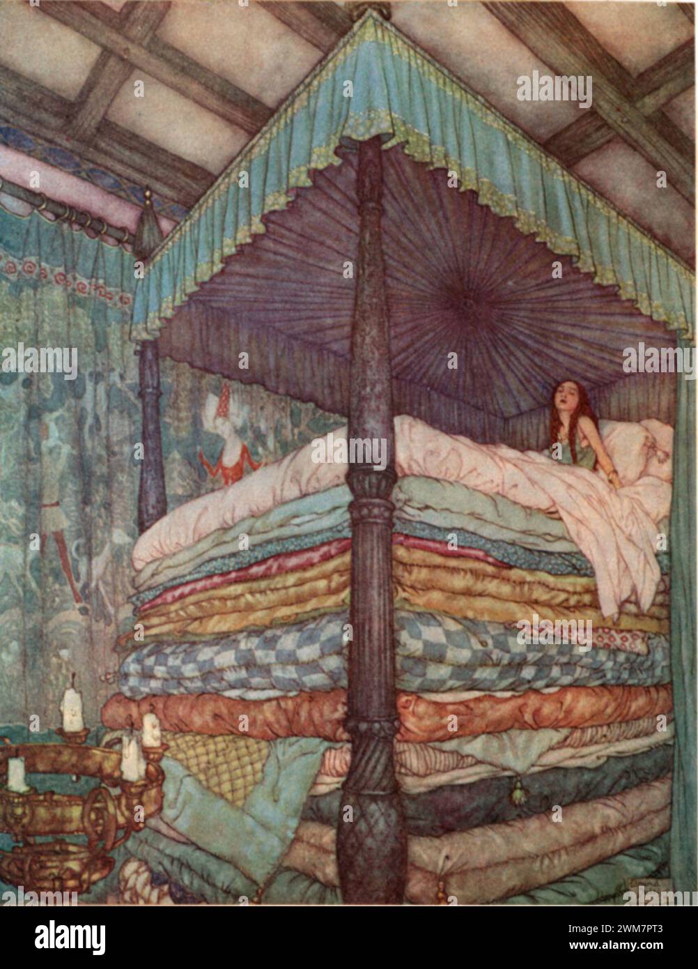 Princess and the Pea, Colour Print lithograph by Edmund Dulac 1930s, Stock Photo