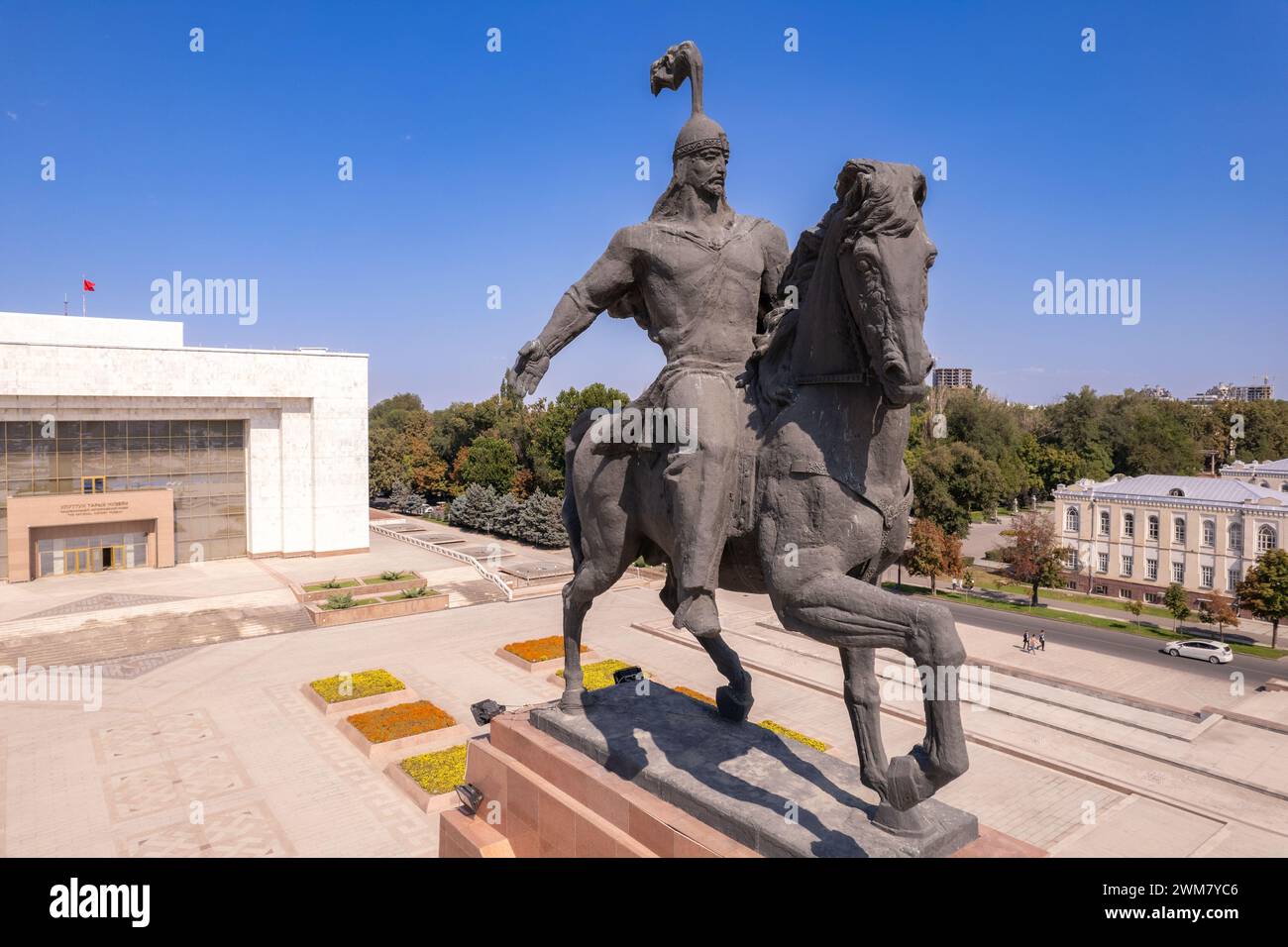 Aerial top view to Monument Epic Statue of Aykol Manas - kyrgyz hero on ...