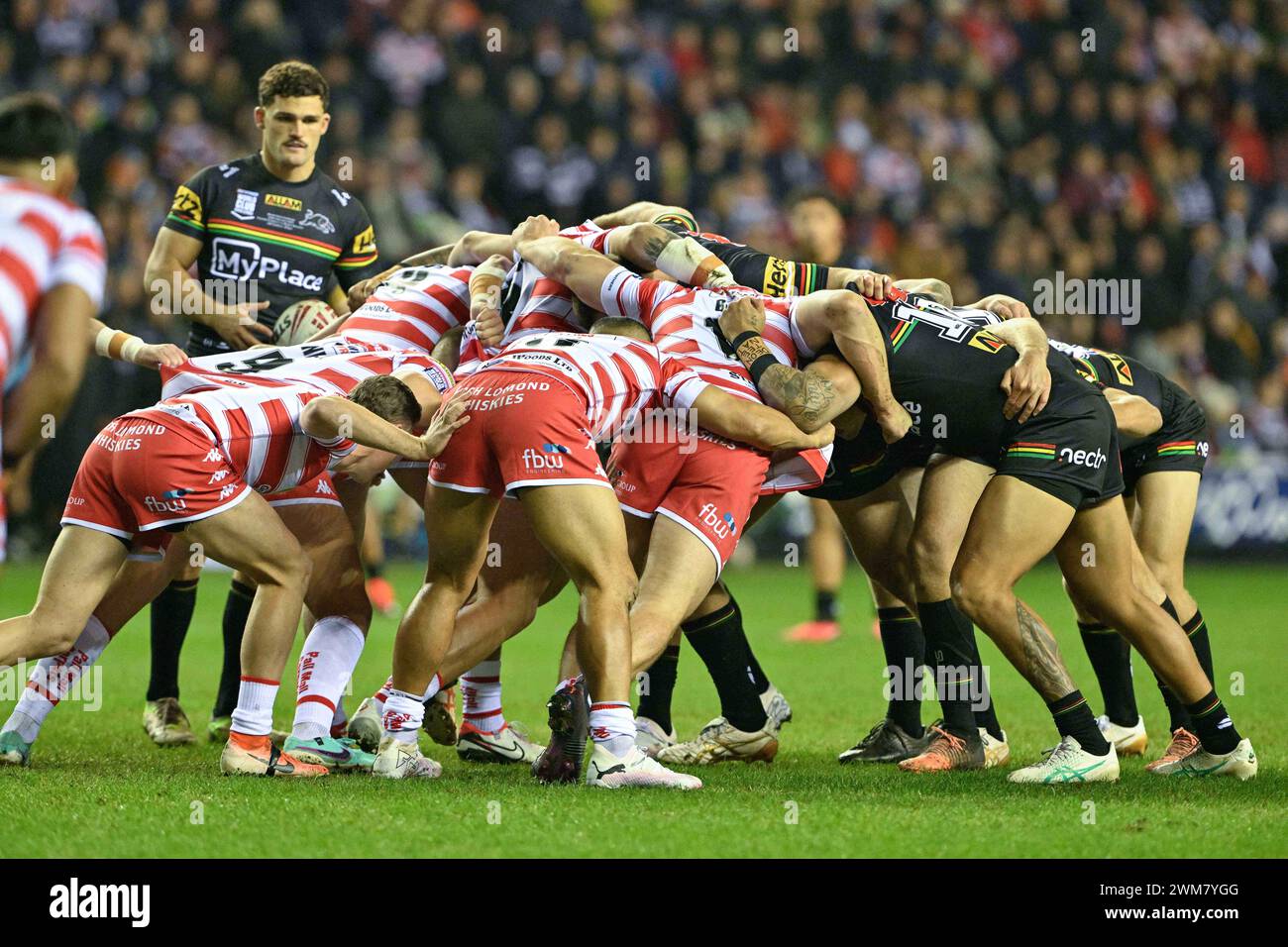 Two teams get ready for a scrum, during the 2024 World Club Challenge