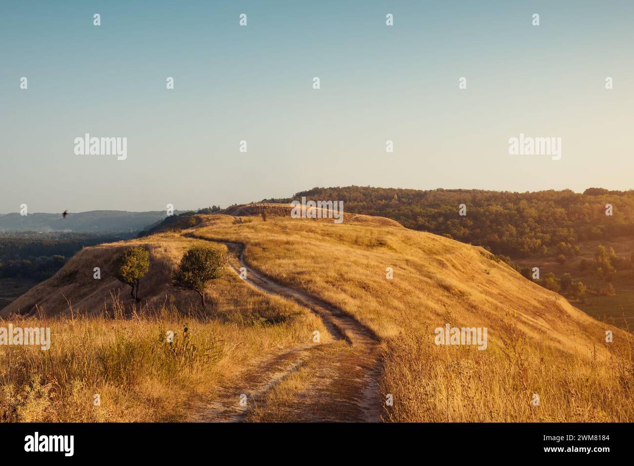 Trail on top of the hill. Unpaved winding dirt road through hilly terrain. Stock Photo