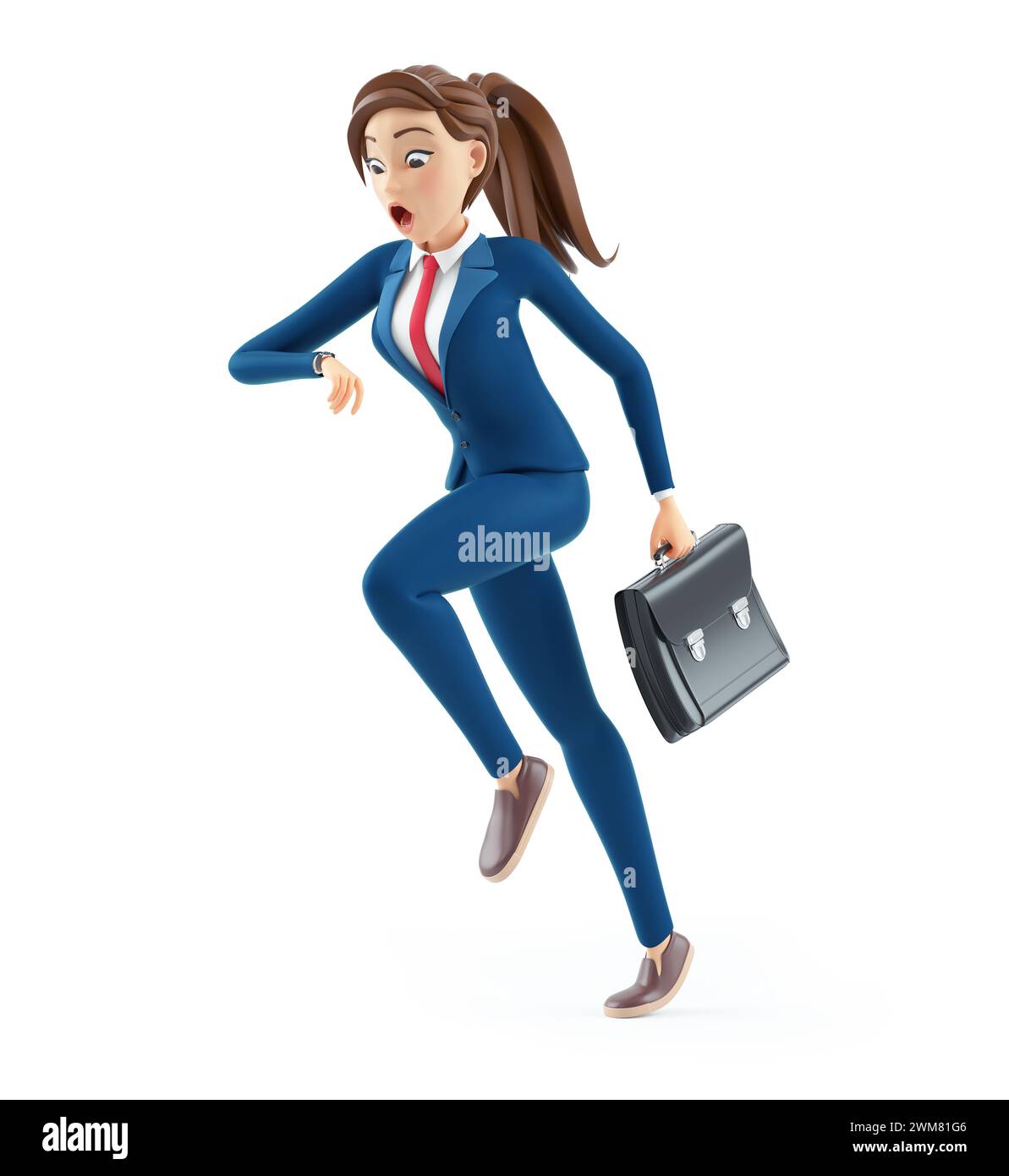 3d cartoon businesswoman with briefcase running late, illustration isolated on white background Stock Photo