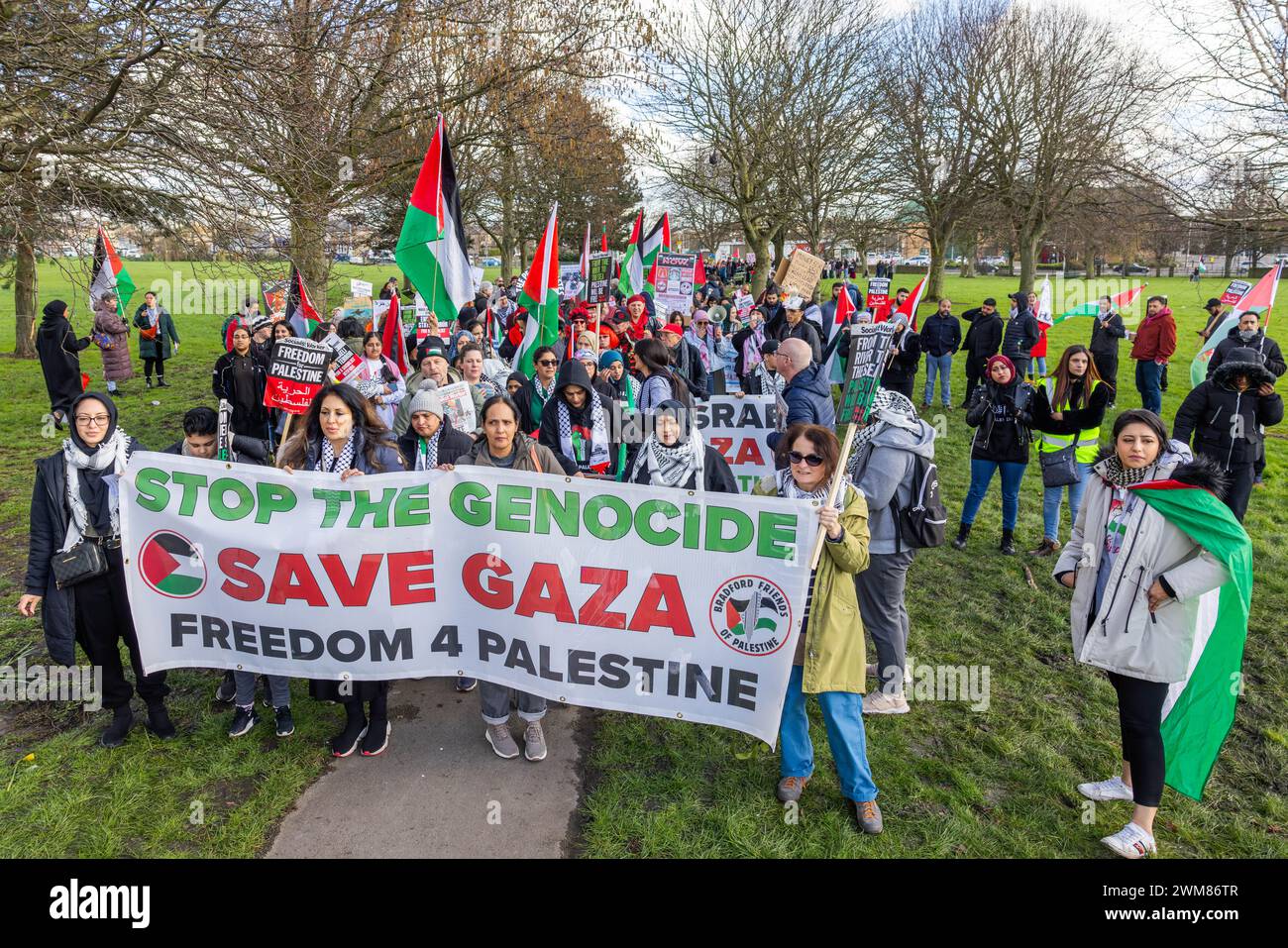 Bradford, UK. 24 FEB, 2024. Pro Palestinian protestors gather at the starting point for the WY palestine march Located at the junction of Gipsy ST and Leeds RD. Credit Milo Chandler/Alamy Live News Stock Photo