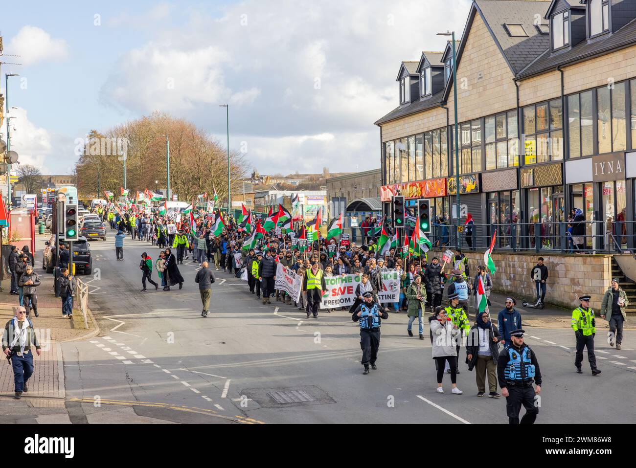 Bradford, UK. 24 FEB, 2024. Pro Palestinian protestors march down Leeds RD towards central Bradford. Credit Milo Chandler/Alamy Live News Stock Photo